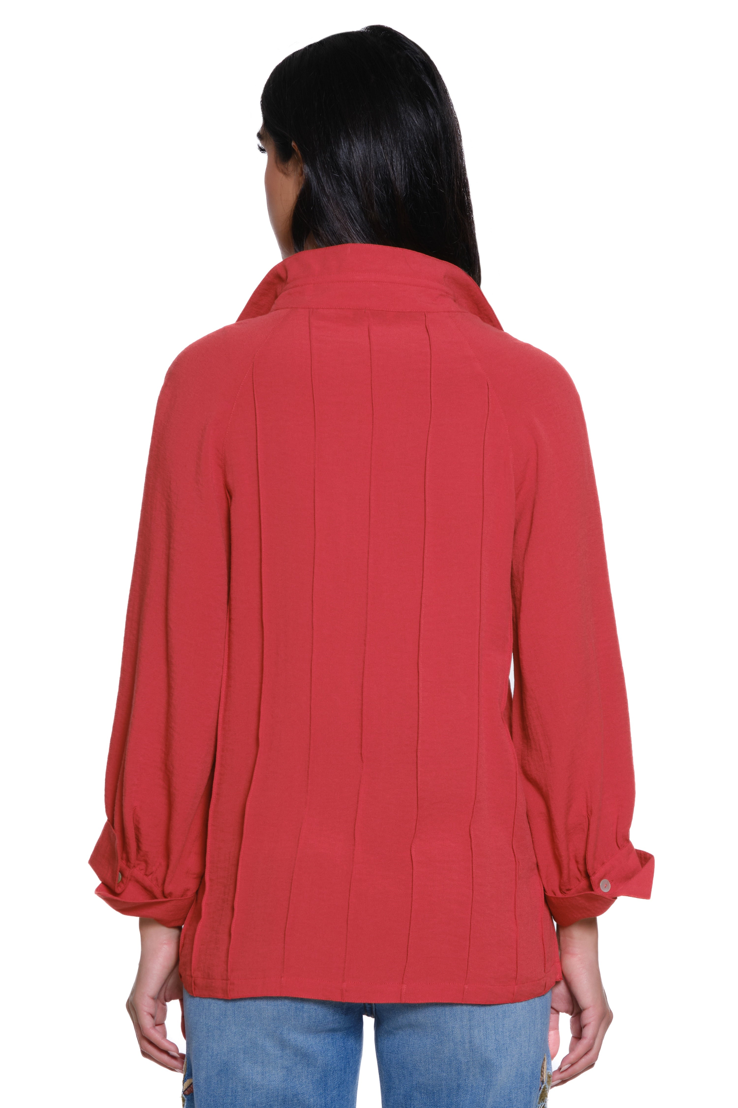 Split Neck Top with Pintuck Detail - Plus - Spicy Red