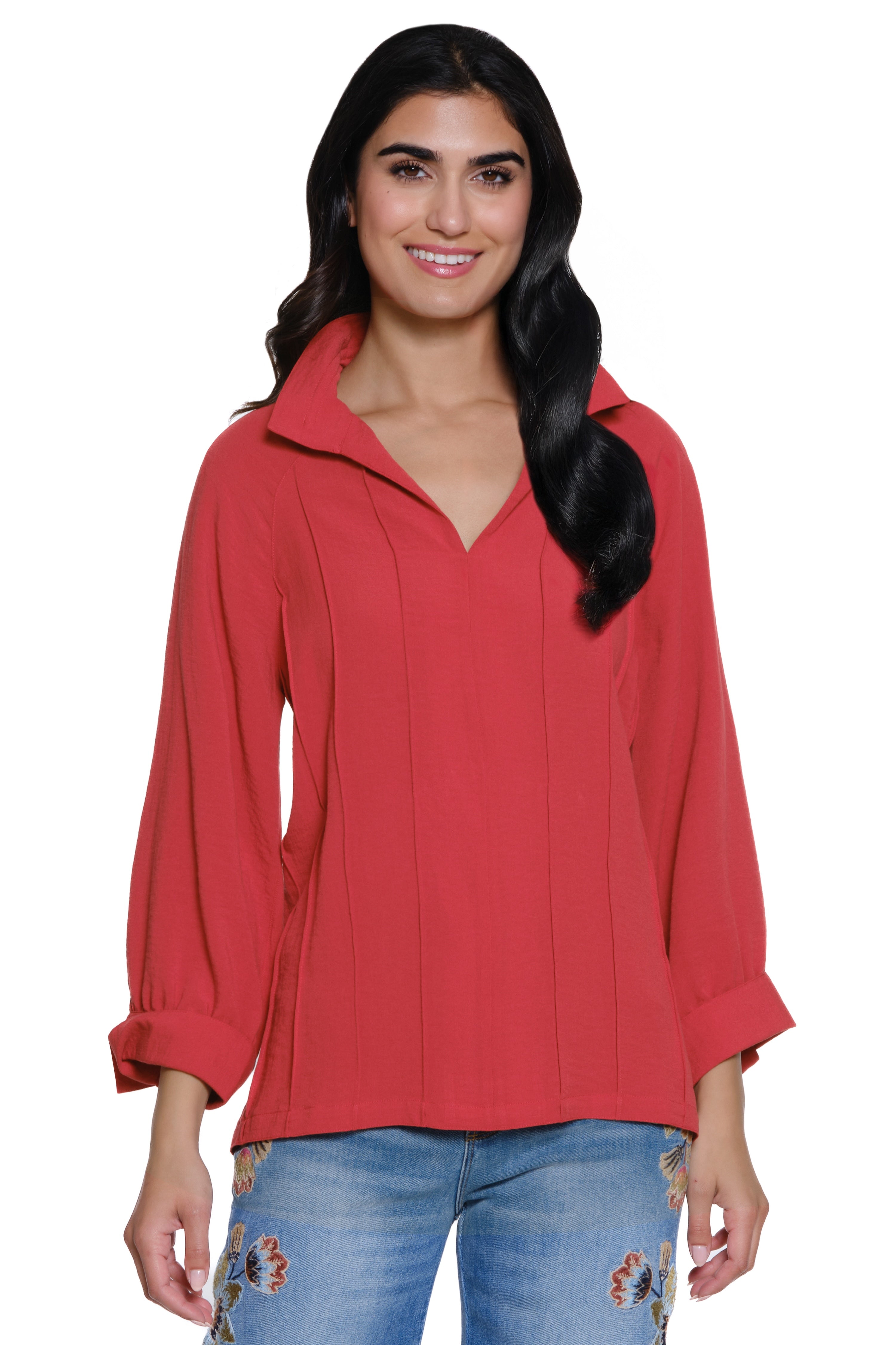 Split Neck Top with Pintuck Detail - Plus - Spicy Red