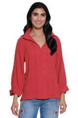 Split Neck Top with Pintuck Detail - Plus - Spicy Red