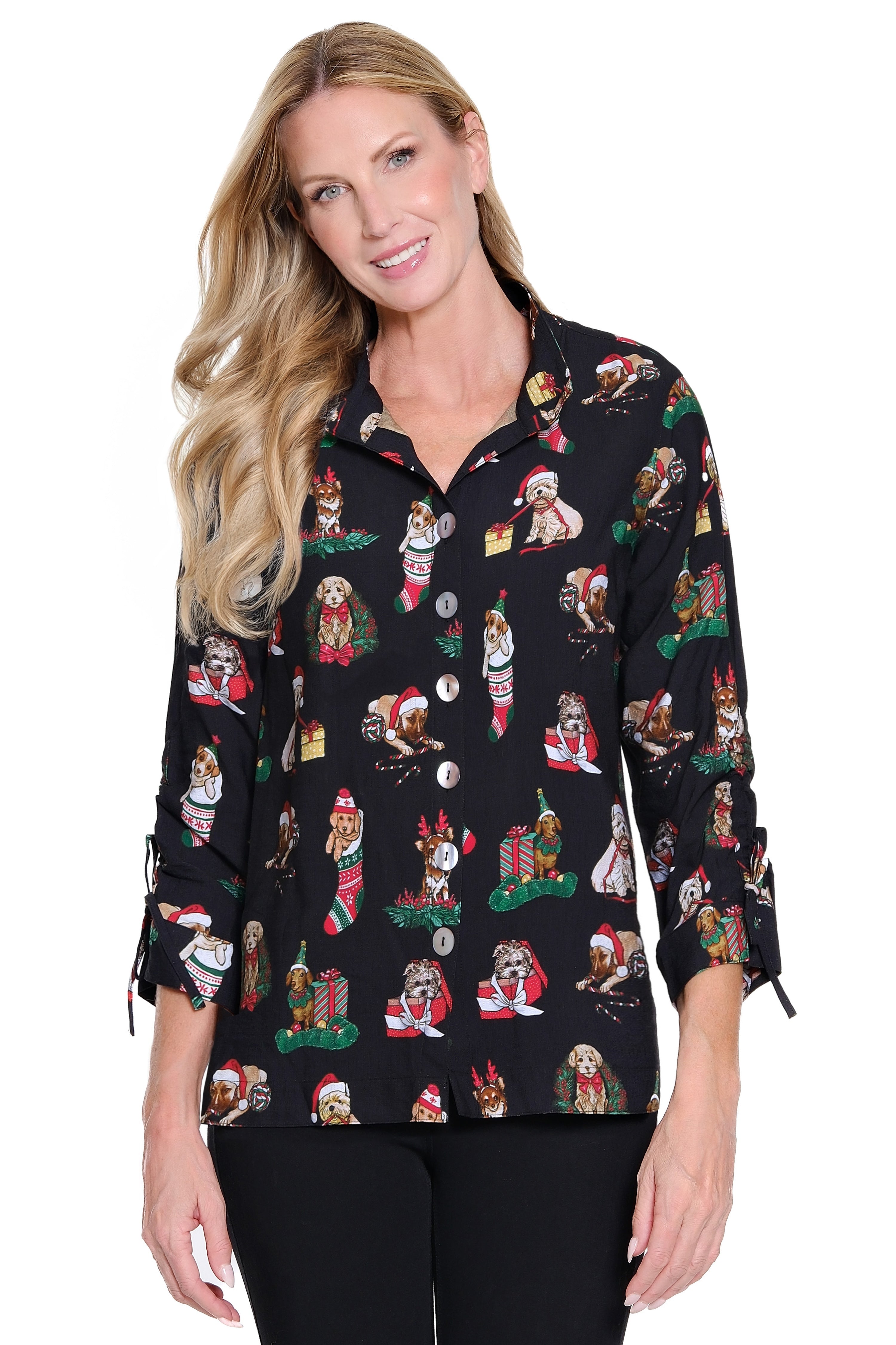 Novelty Print Button Front Top - Black