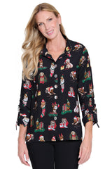 Novelty Print Button Front Top - Petite - Black