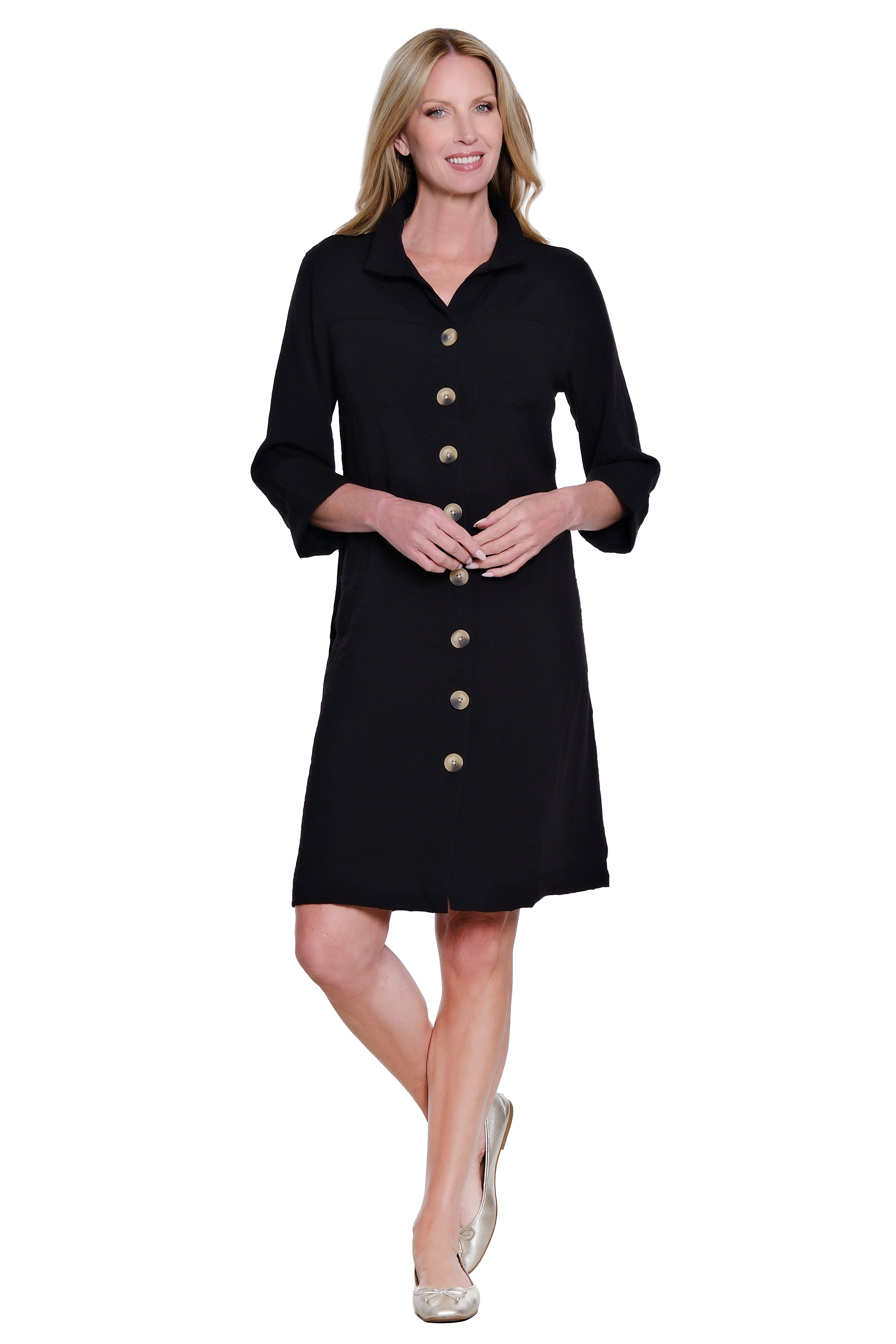 Solid Button Front Dress with Wire Collar - Black