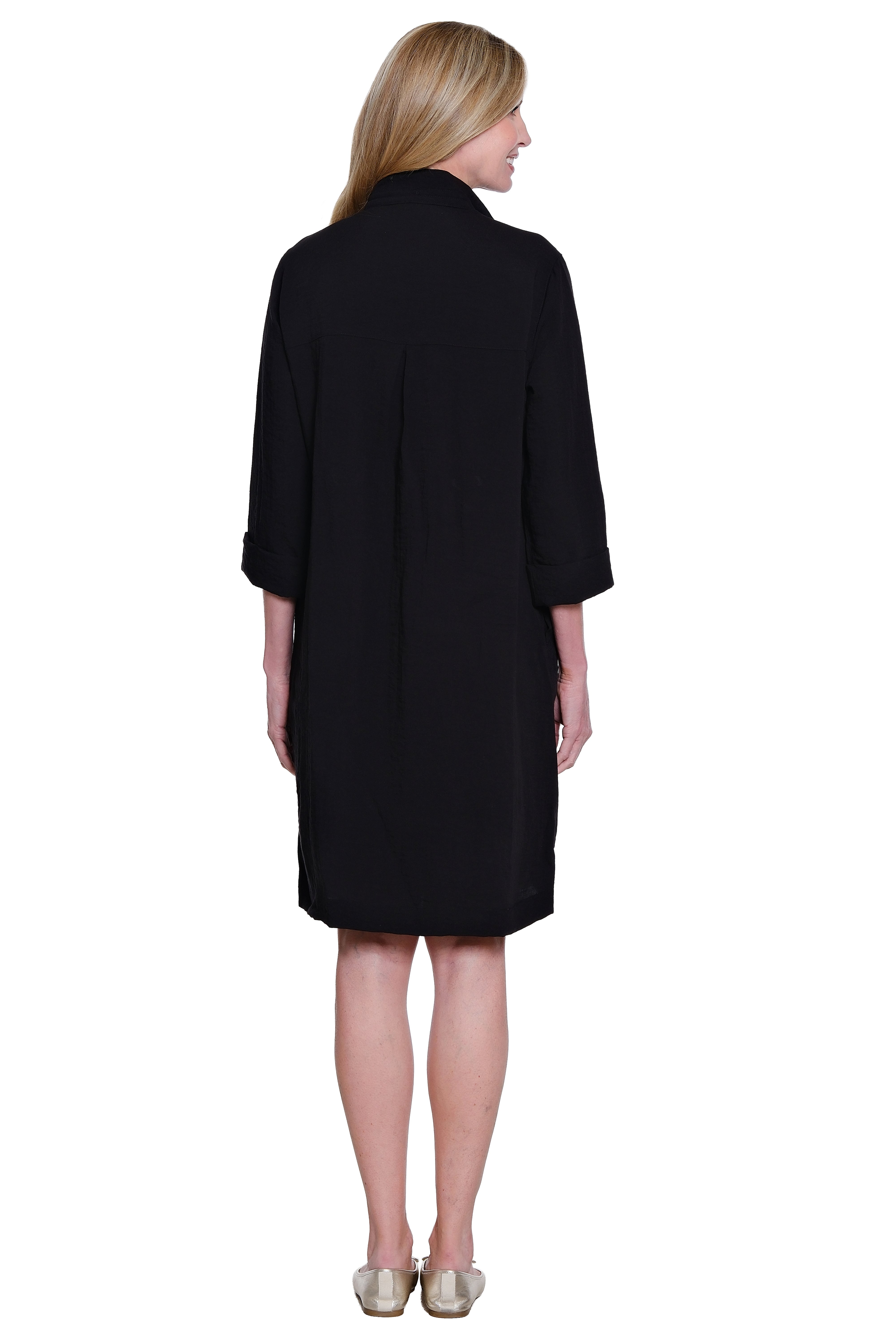 Solid Button Front Dress with Wire Collar - Black