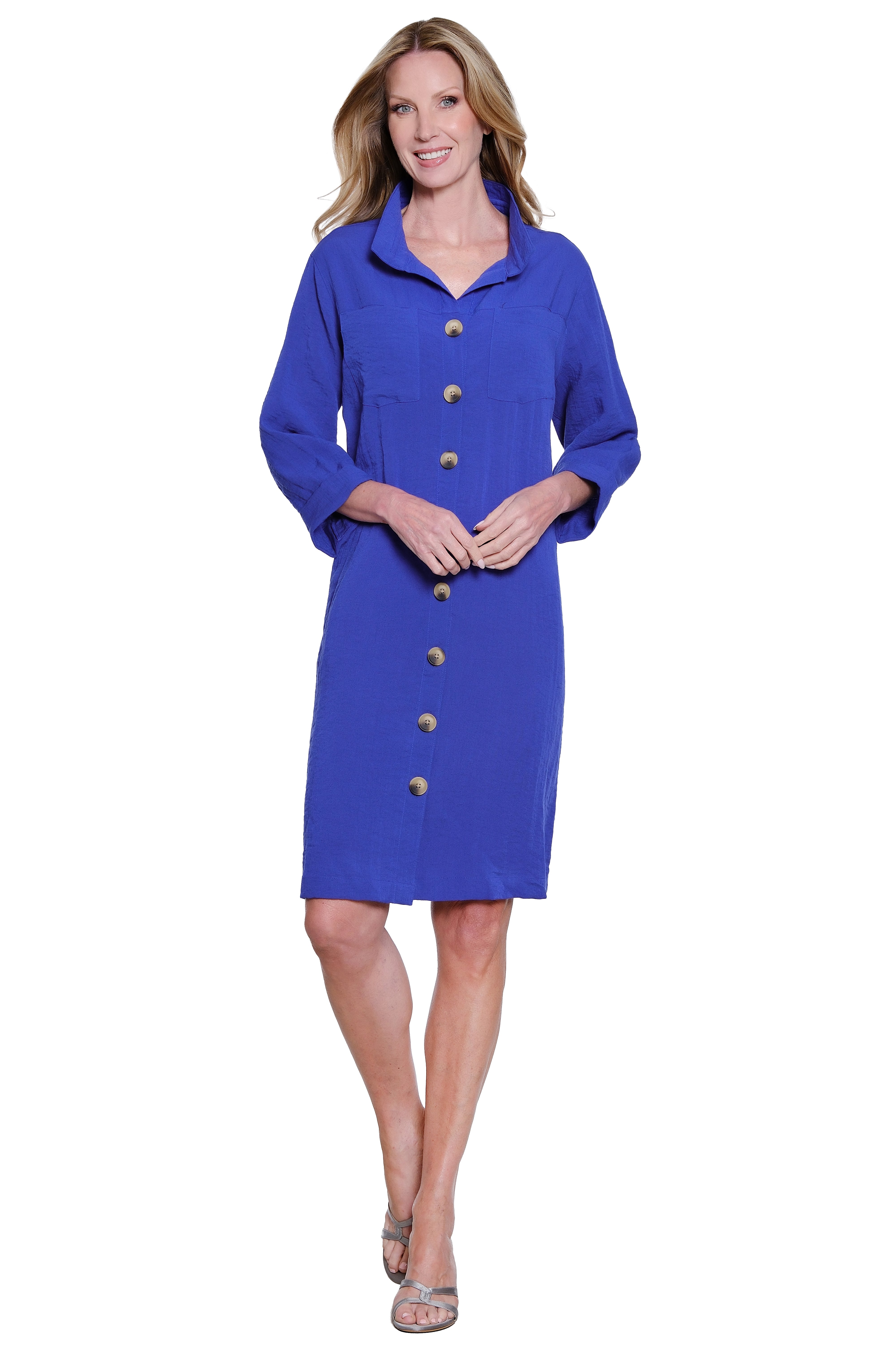 Solid Button Front Dress with Wire Collar - Marina