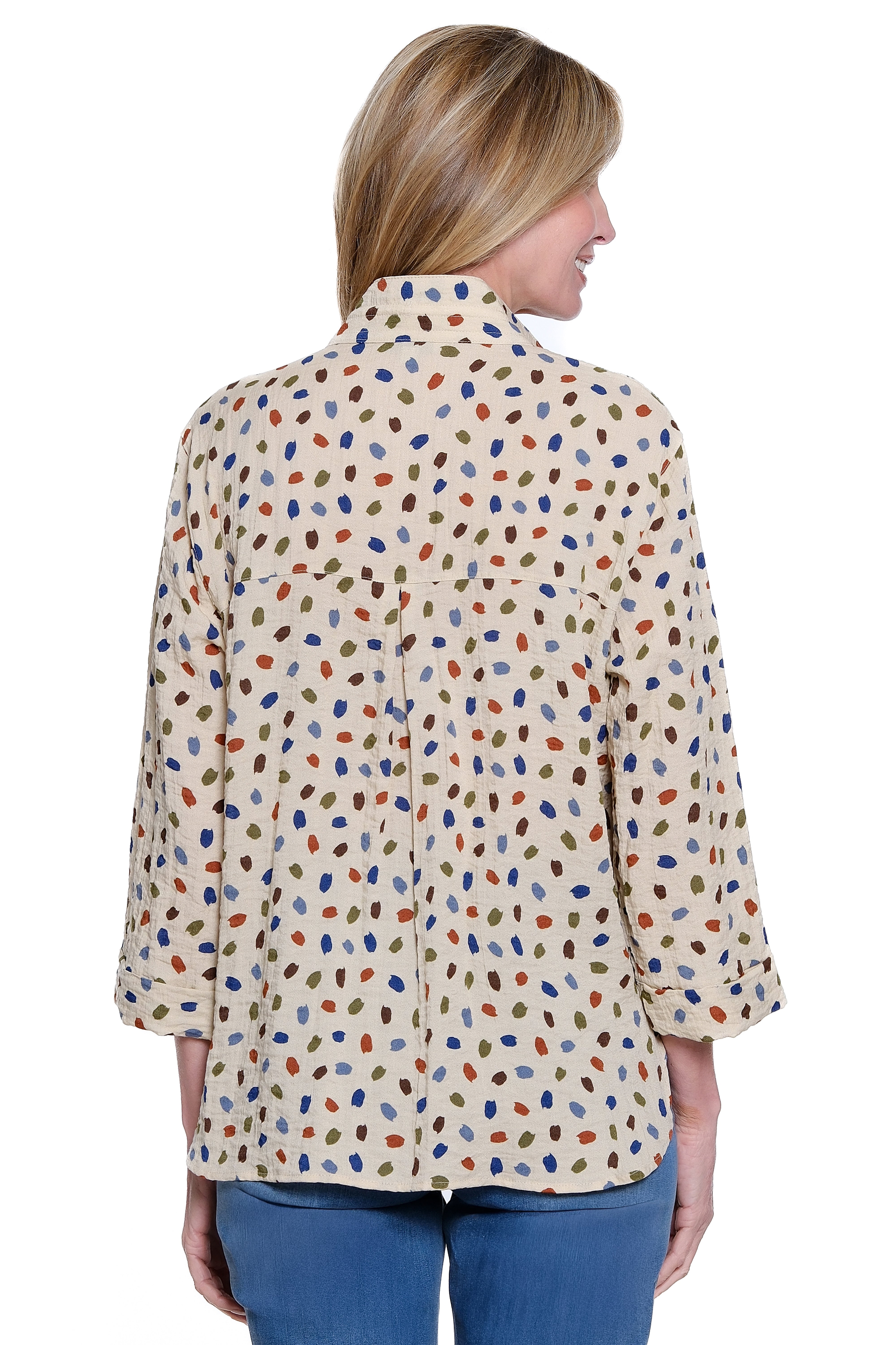 Print Button Down Blouse with 3/4 Sleeves - Dot Multi