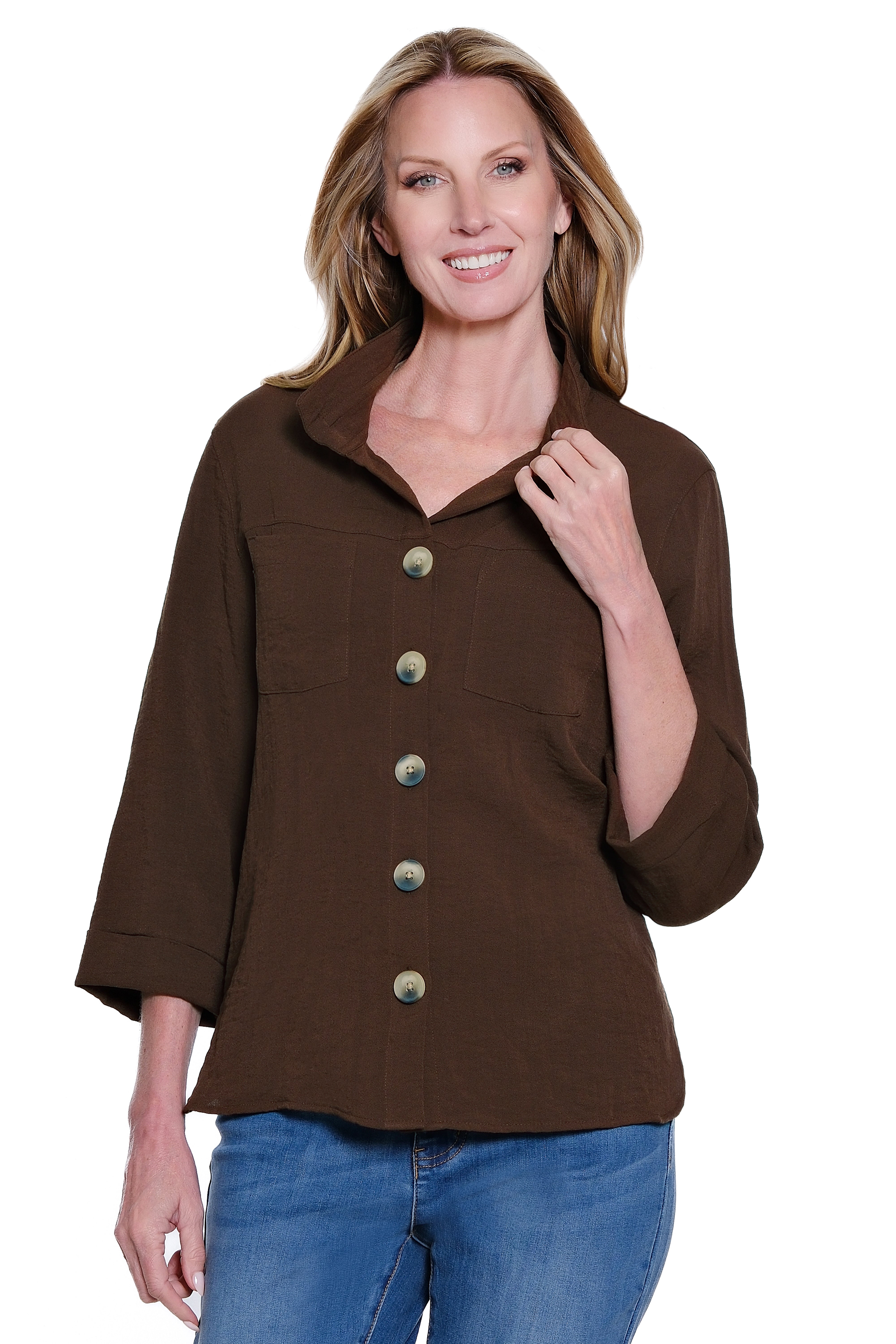 Solid Button Down Blouse with Wire Collar - Chocolate