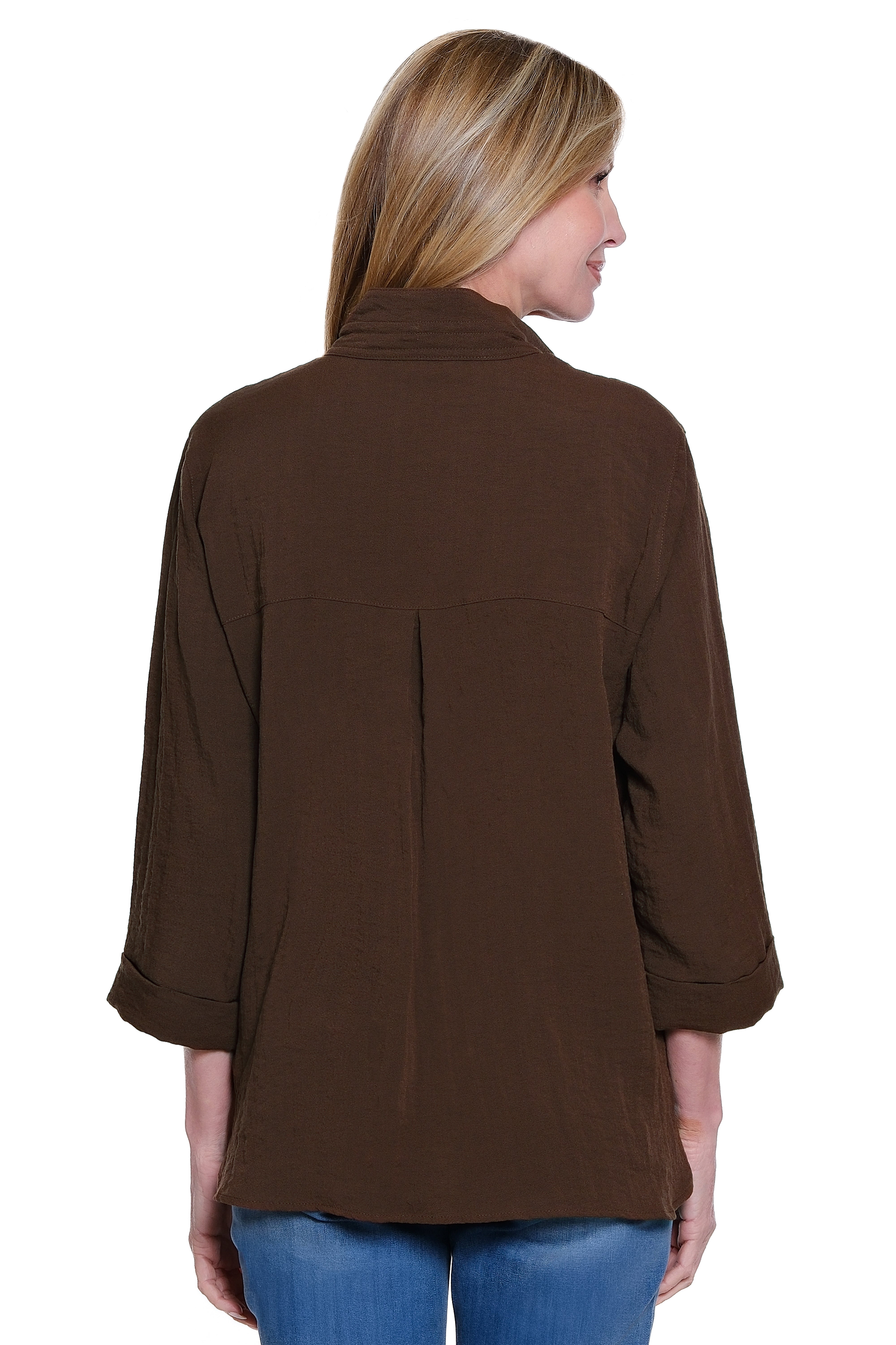 Solid Button Down Blouse with Wire Collar - Chocolate