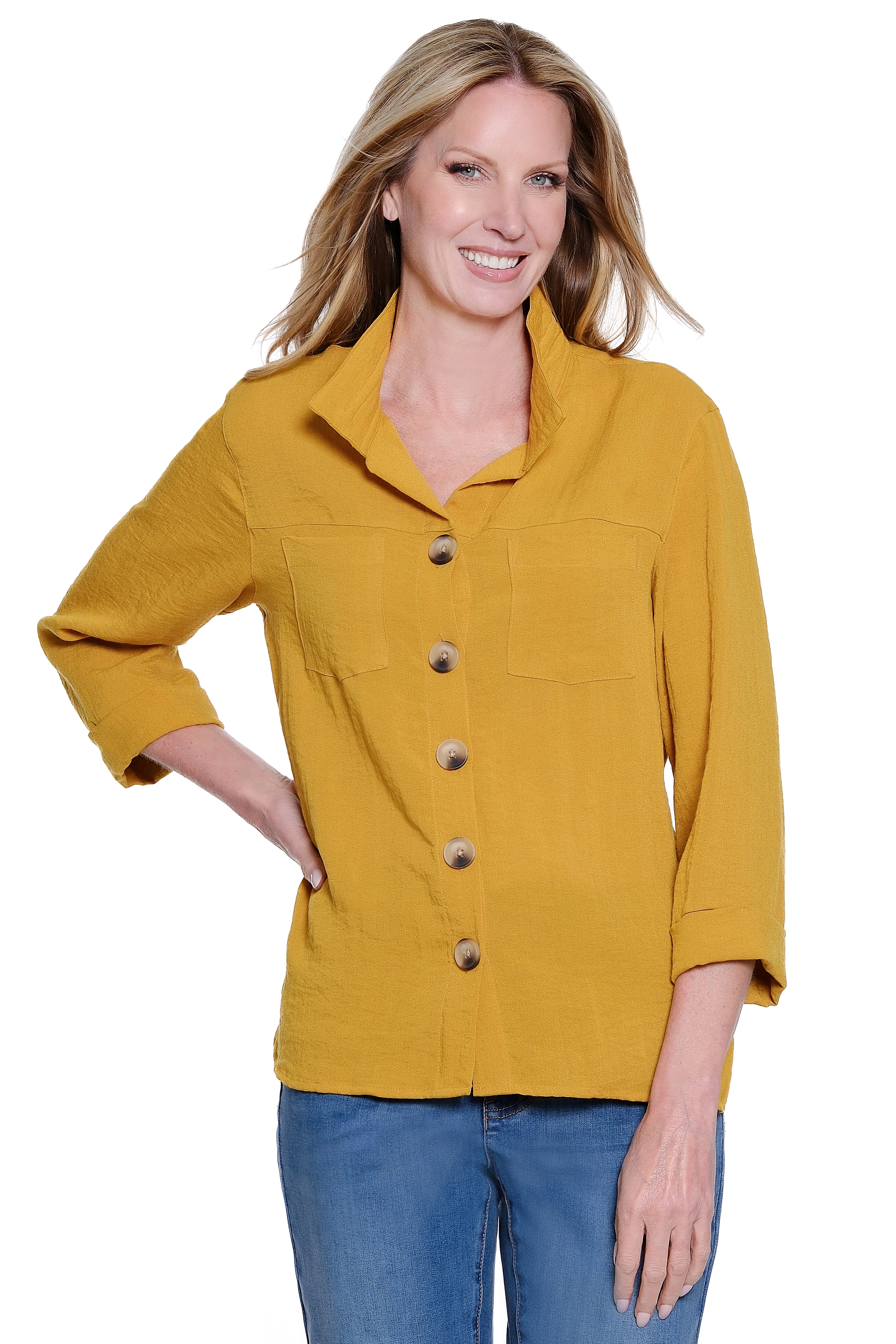 Solid Button Down Blouse with Wire Collar - Gold Rod