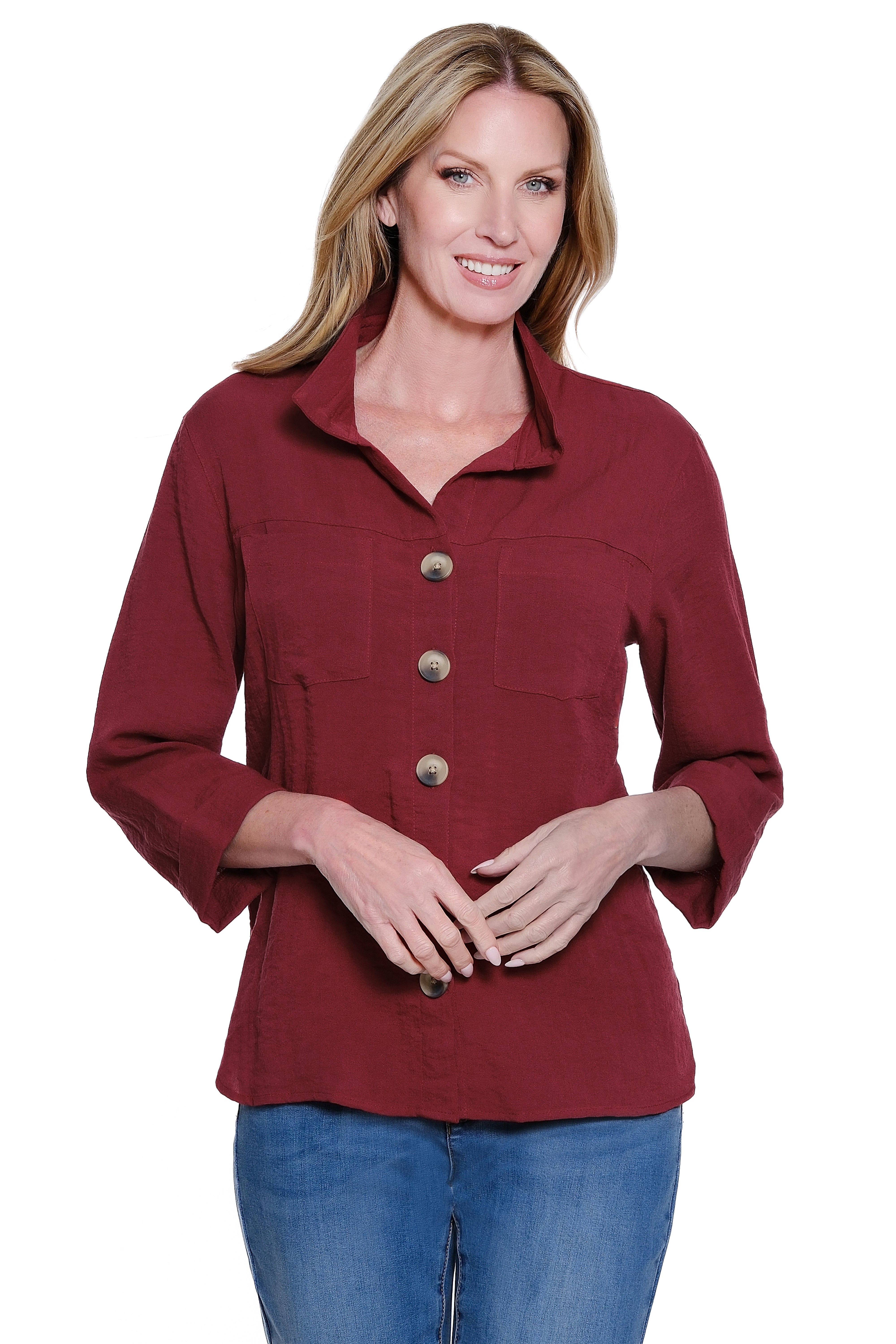Solid Button Down Blouse with Wire Collar - Wine