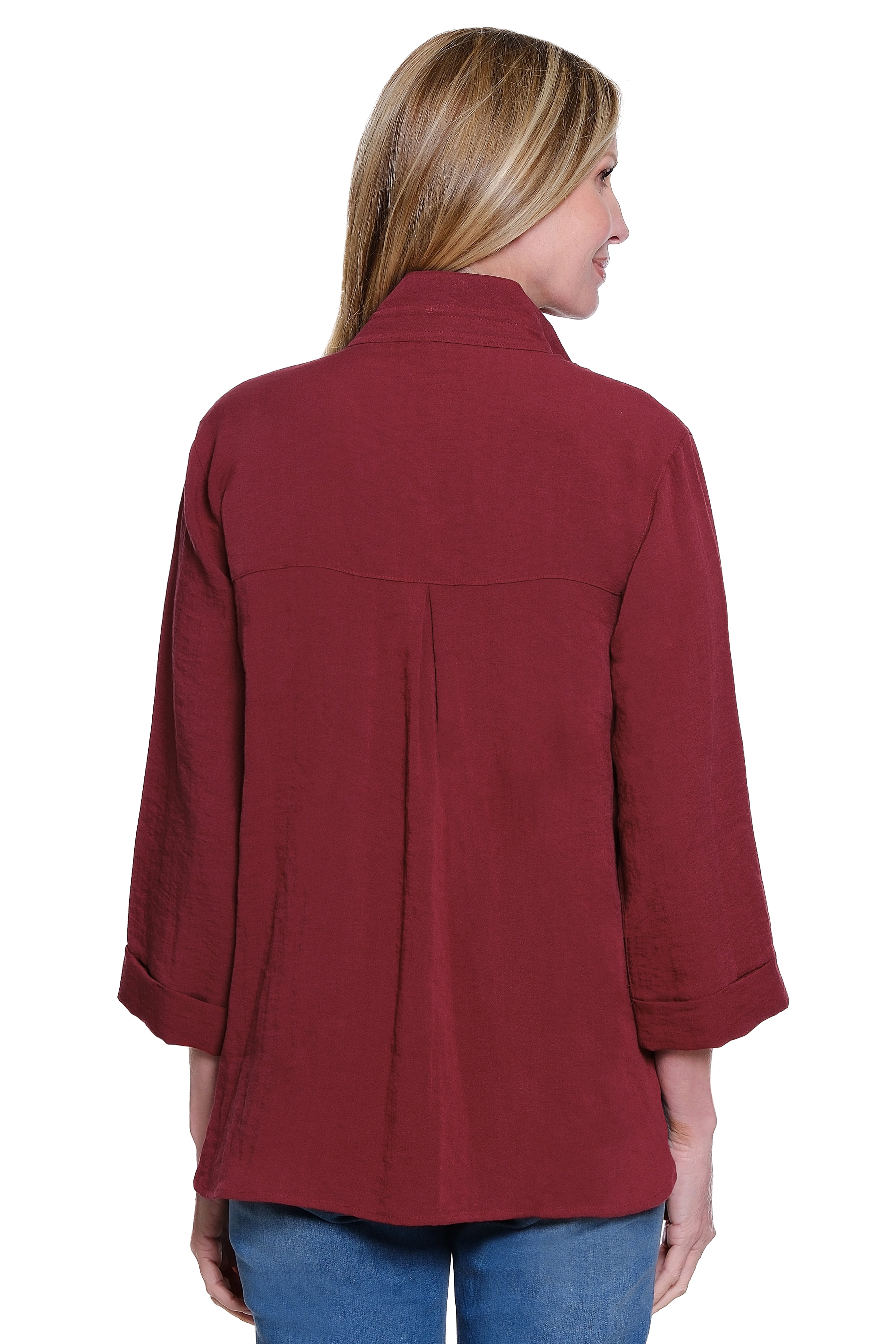 Solid Button Down Blouse with Wire Collar - Wine