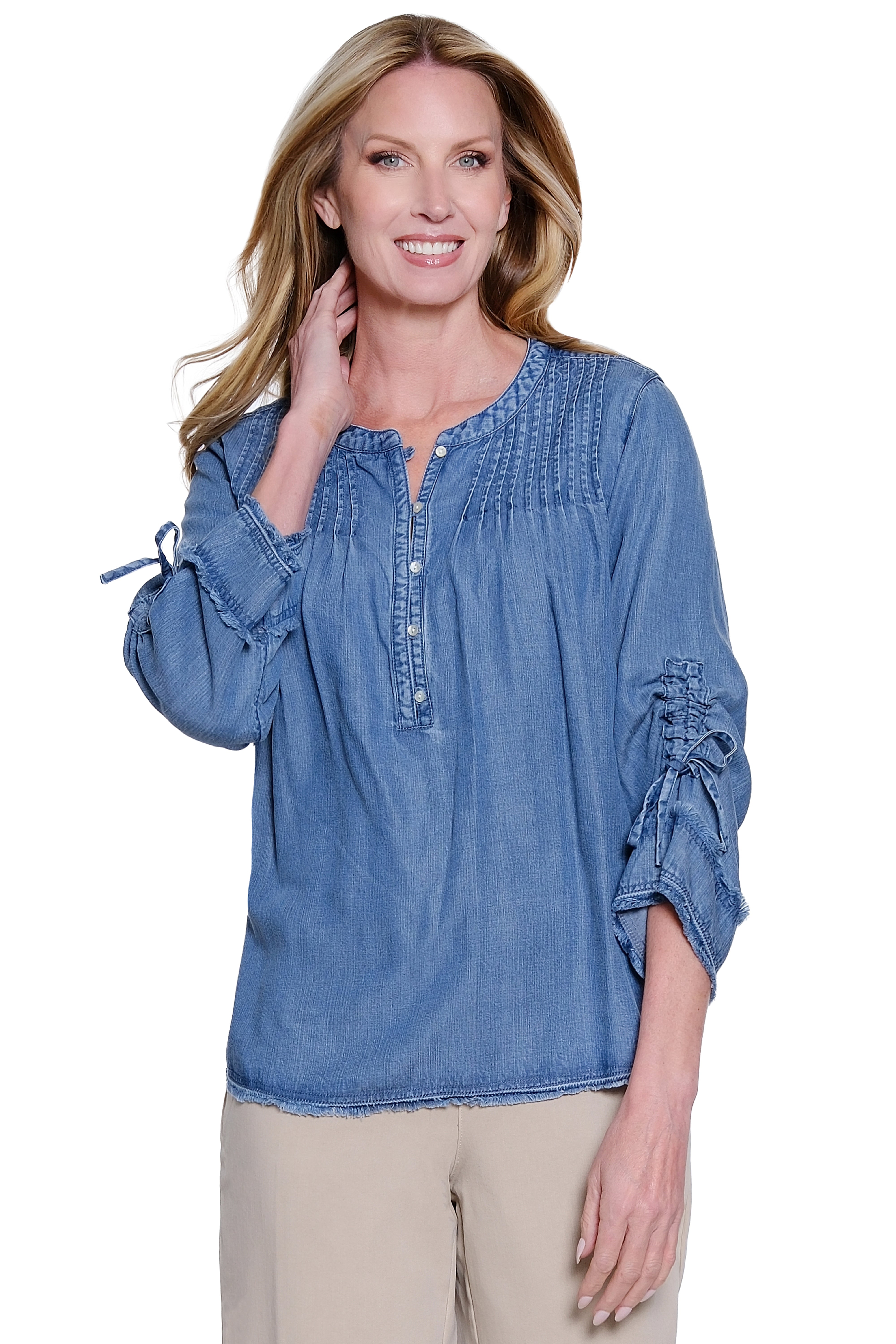 Solid Long Sleeve Cinch Sleeve Tunic - Denim