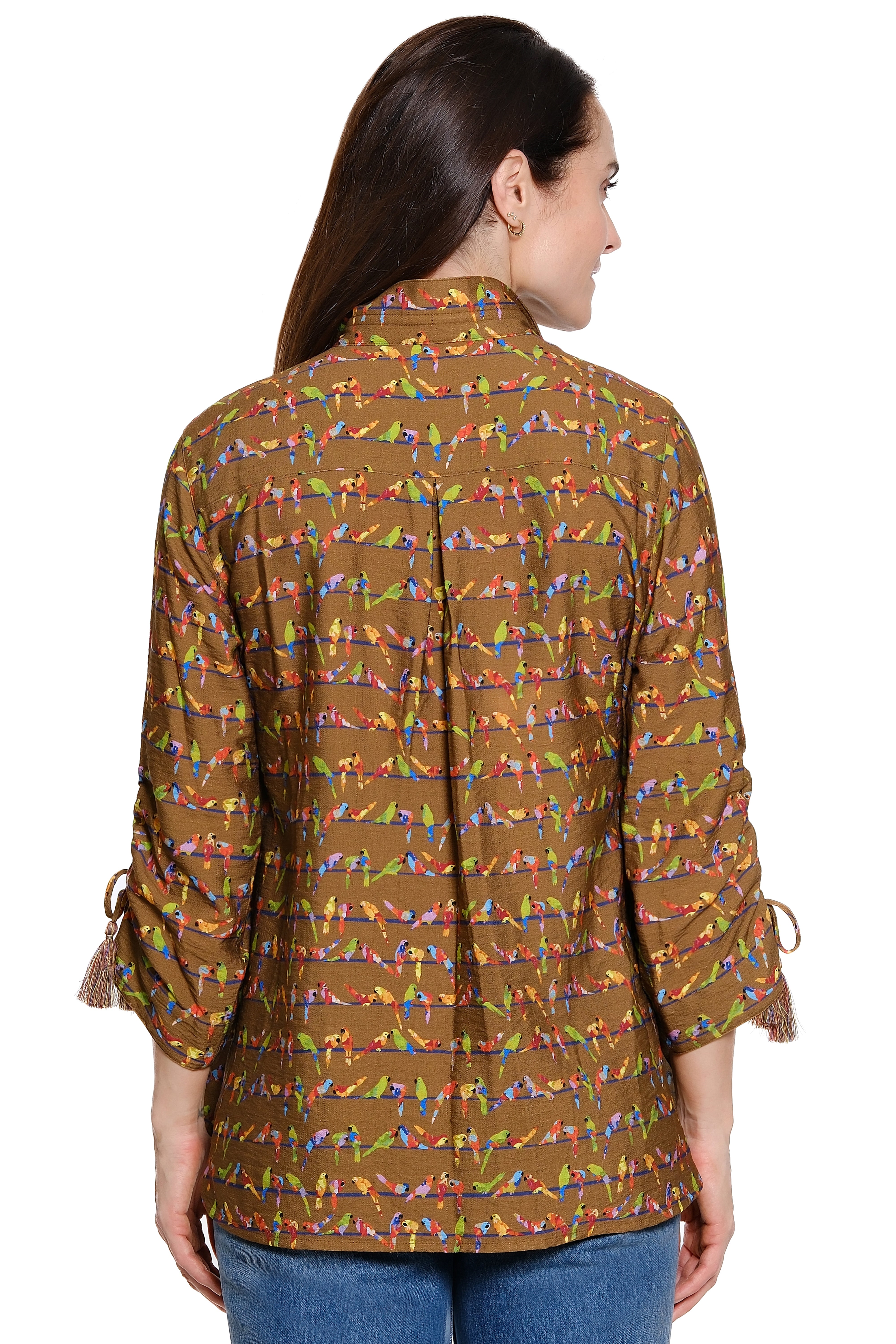 Wire Collar Button Front Blouse with Tassel Tie Sleeves - Chocolate