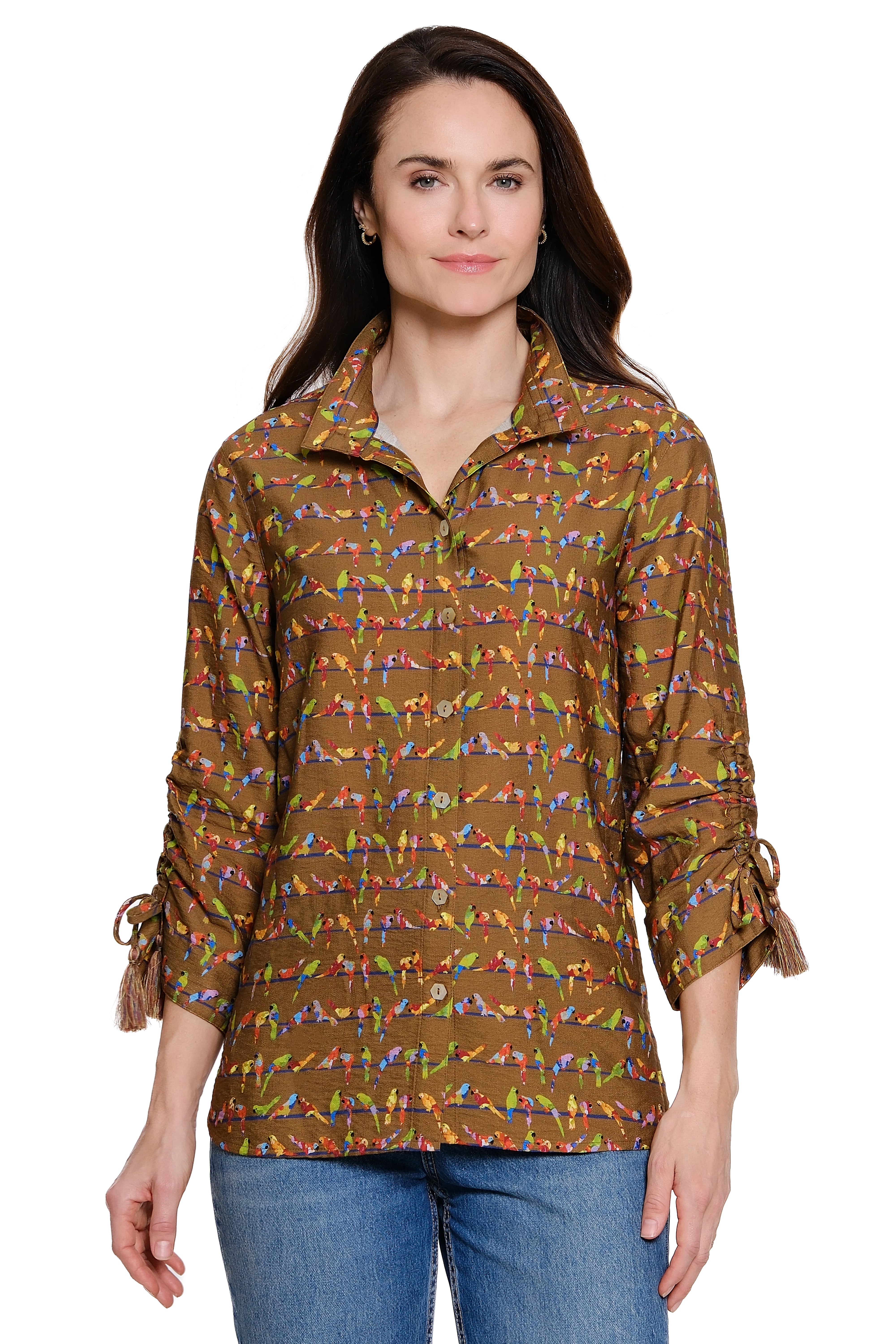 Wire Collar Button Front Blouse with Tassel Tie Sleeves - Chocolate