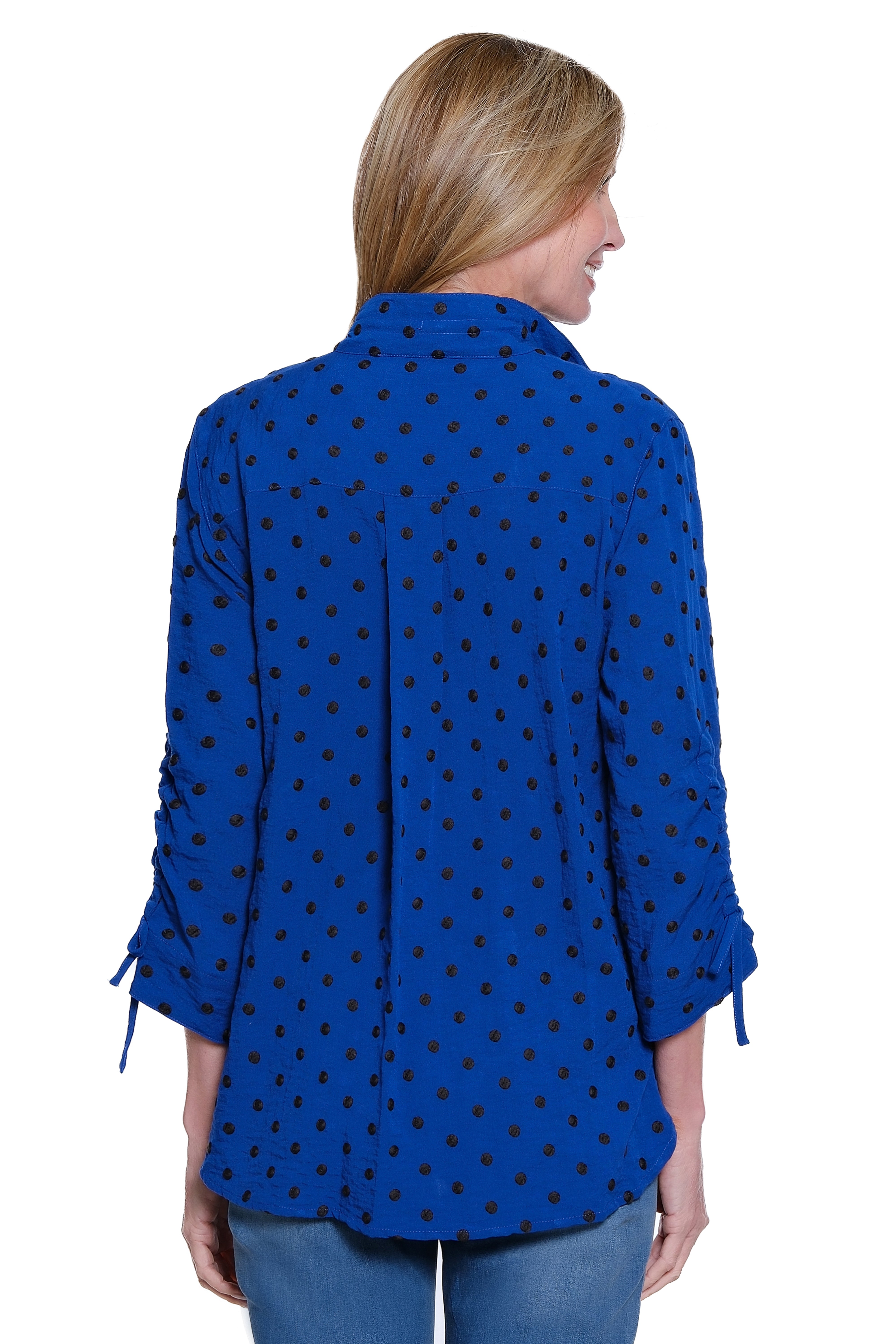 Embroidered Dot Button Front Blouse with Cinch Sleeves - Navy