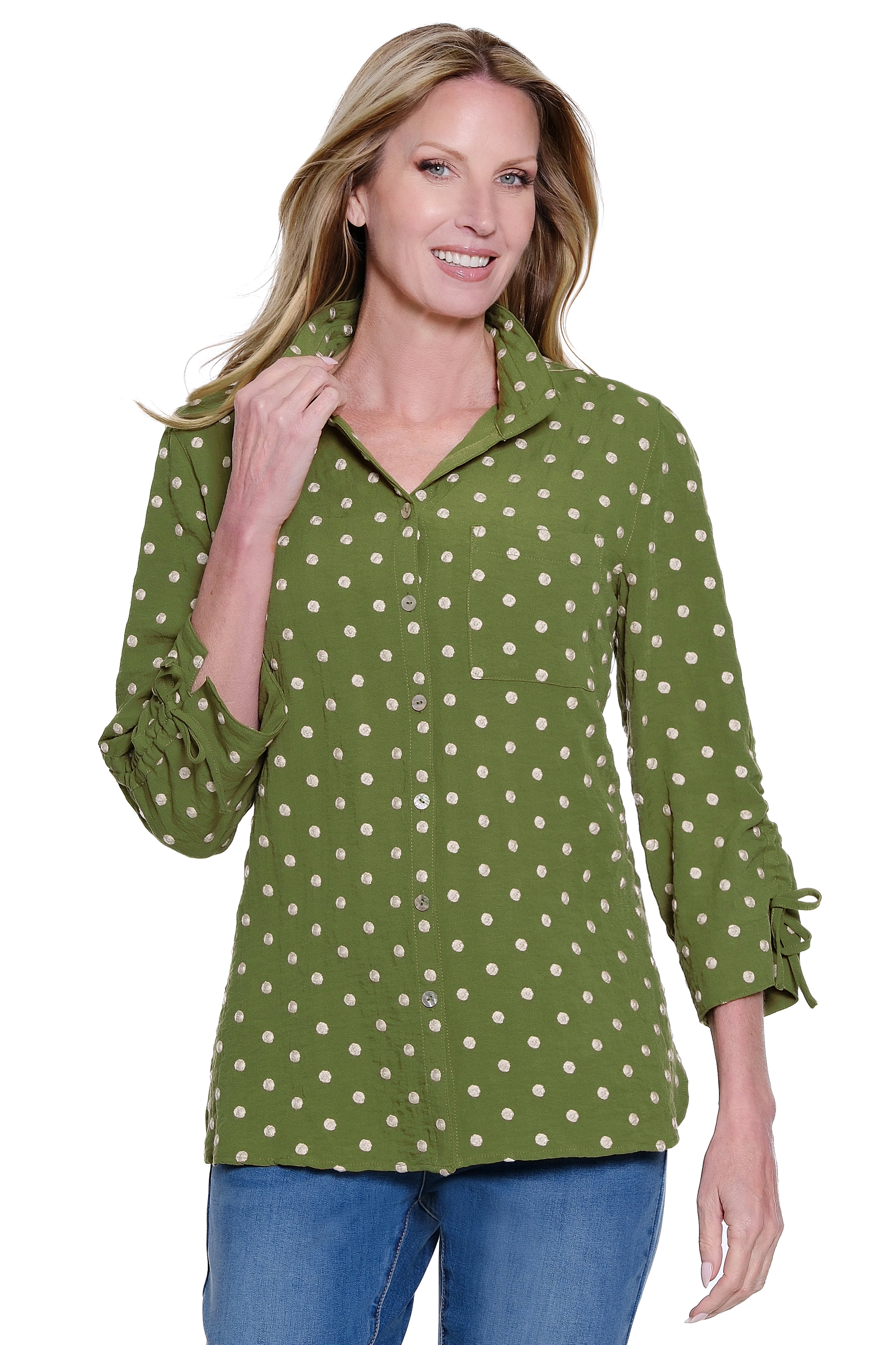 Embroidered Dot Button Front Blouse with Cinch Sleeves - Olive