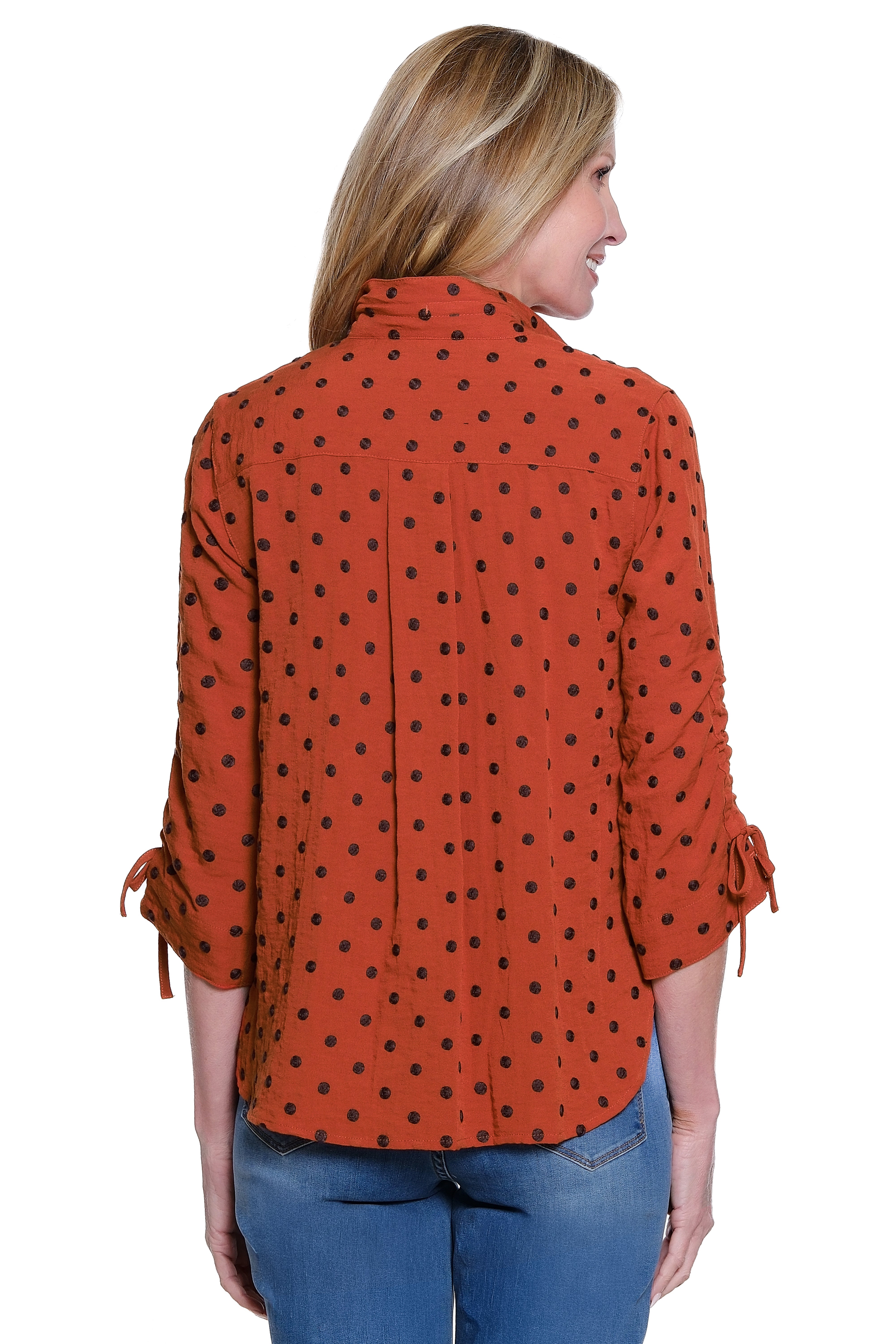 Embroidered Dot Button Front Blouse with Cinch Sleeves - Spice