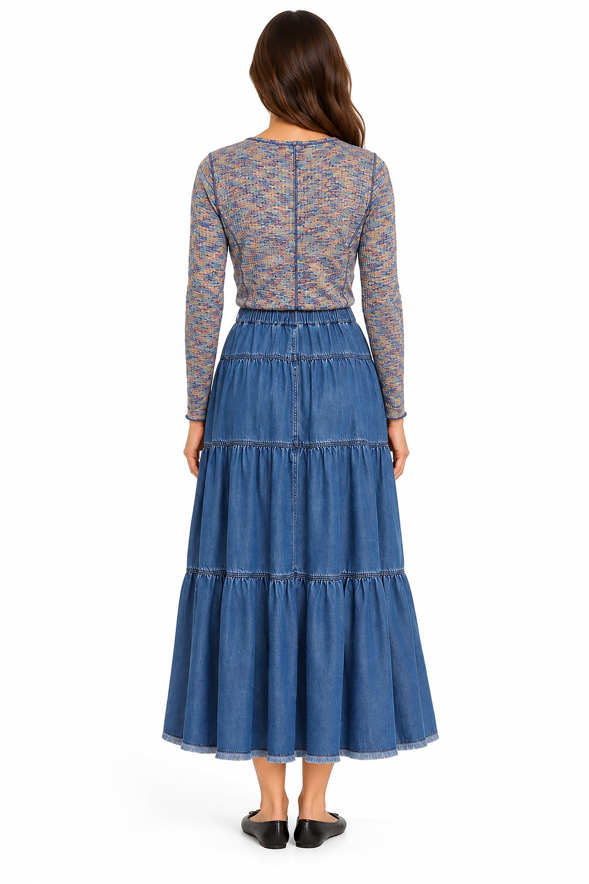 Denim Woven Denim Button Front Tiered Skirt w/ Elastic Back