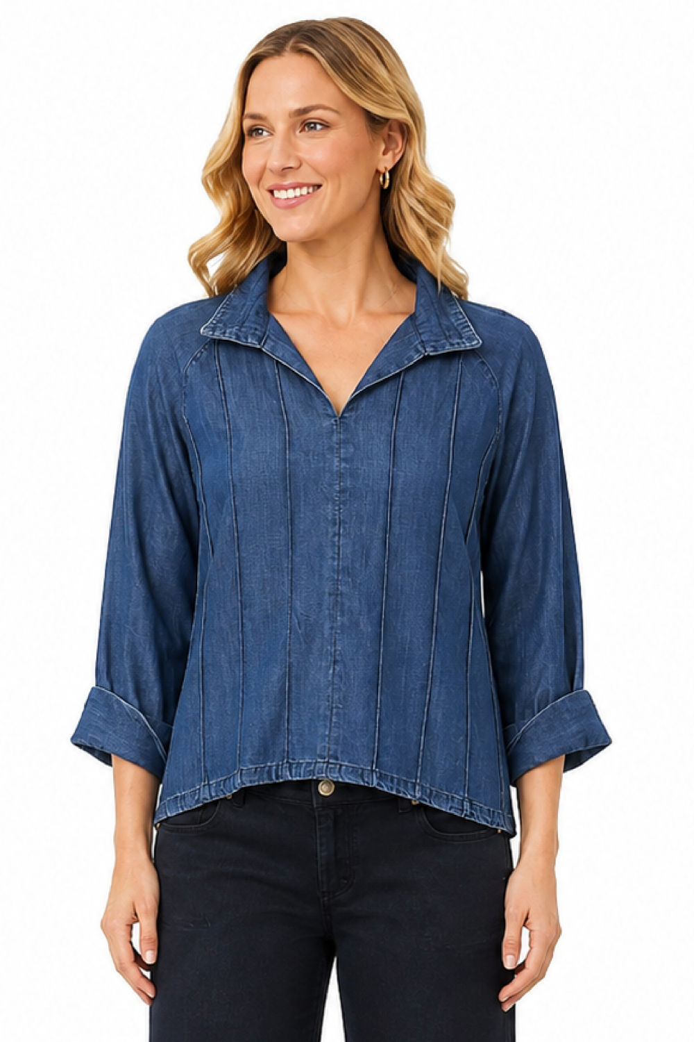 Medium Denim Woven Solid Wire Collar 3/4 Sleeve Popover w/ Pintuck Detail - Missy