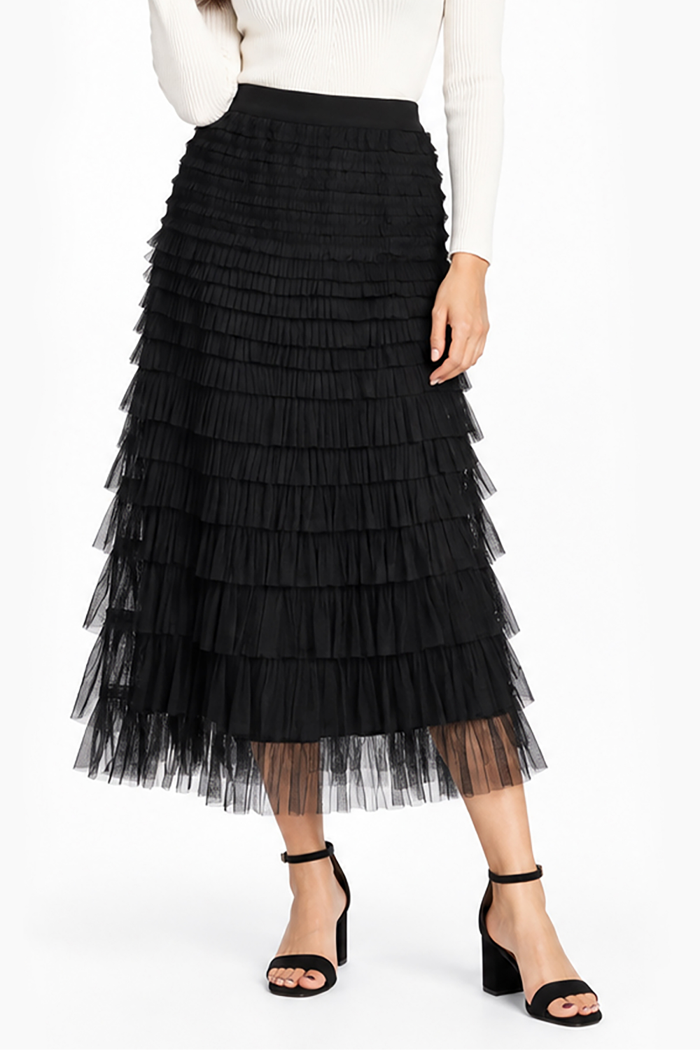 Black Knitted Tulle Pull-On Tiered Skirt - Missy