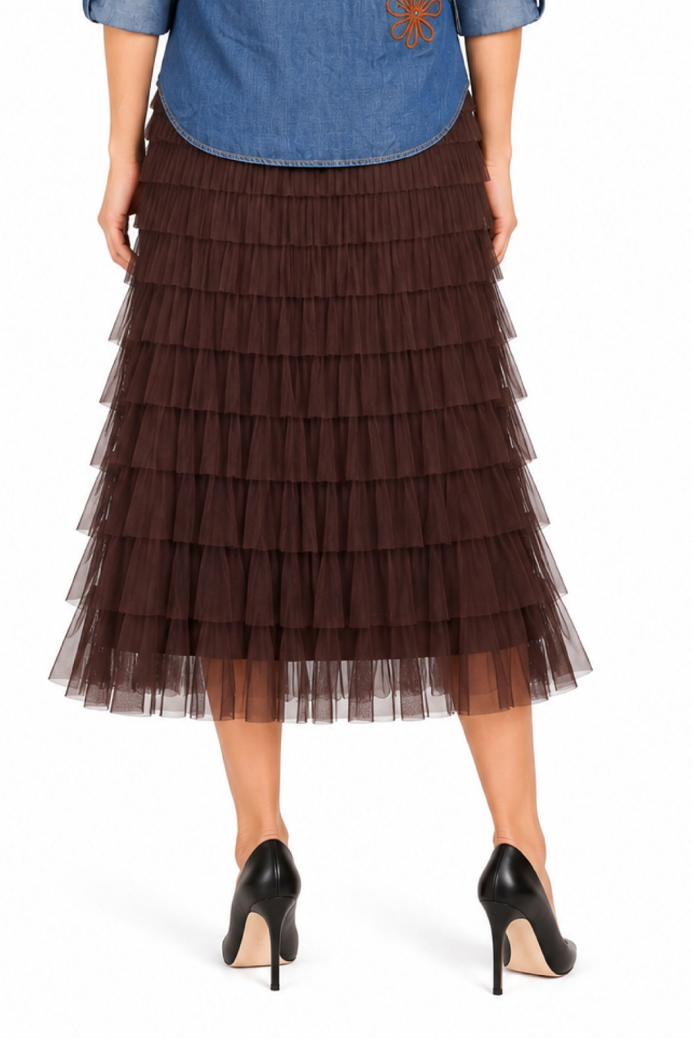 Chocolate Knitted Tulle Pull-On Tiered Skirt - Missy