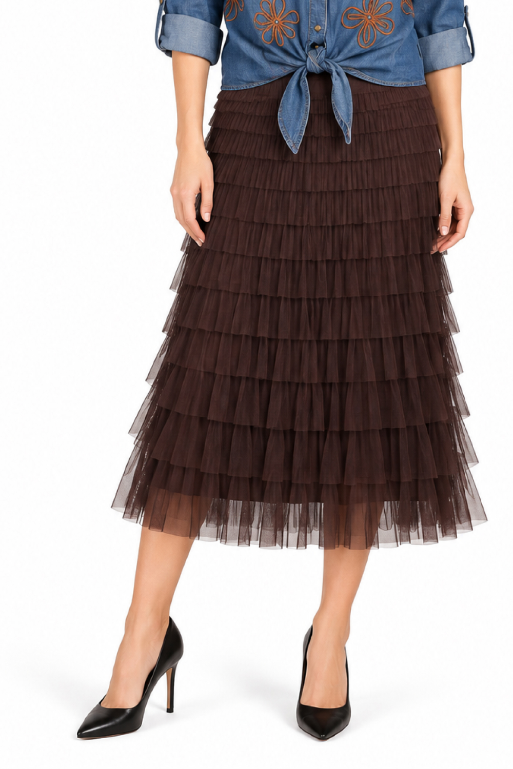 Chocolate Knitted Tulle Pull-On Tiered Skirt - Missy