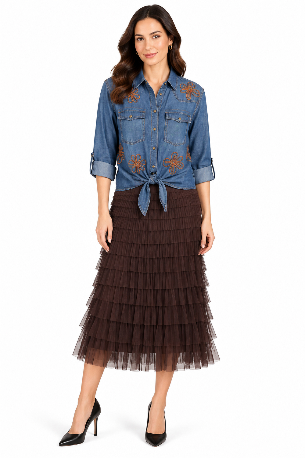 Chocolate Knitted Tulle Pull-On Tiered Skirt - Missy