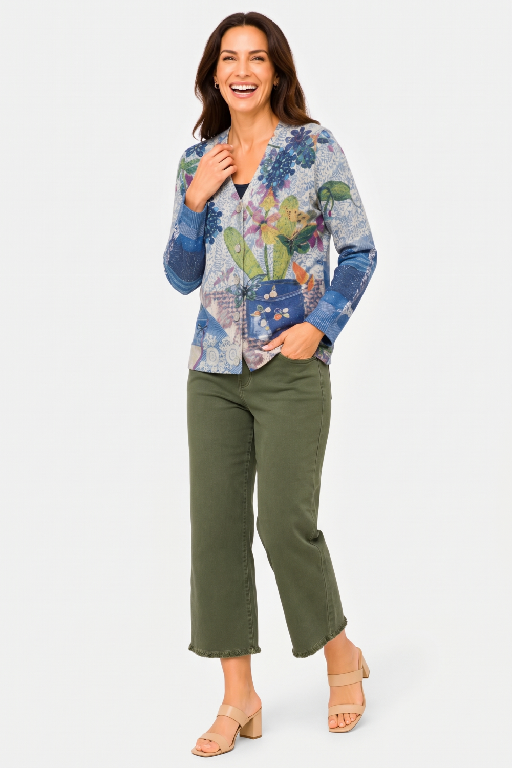 Multi Printed Cardigan & Olive Straight Leg Jean Outfit
