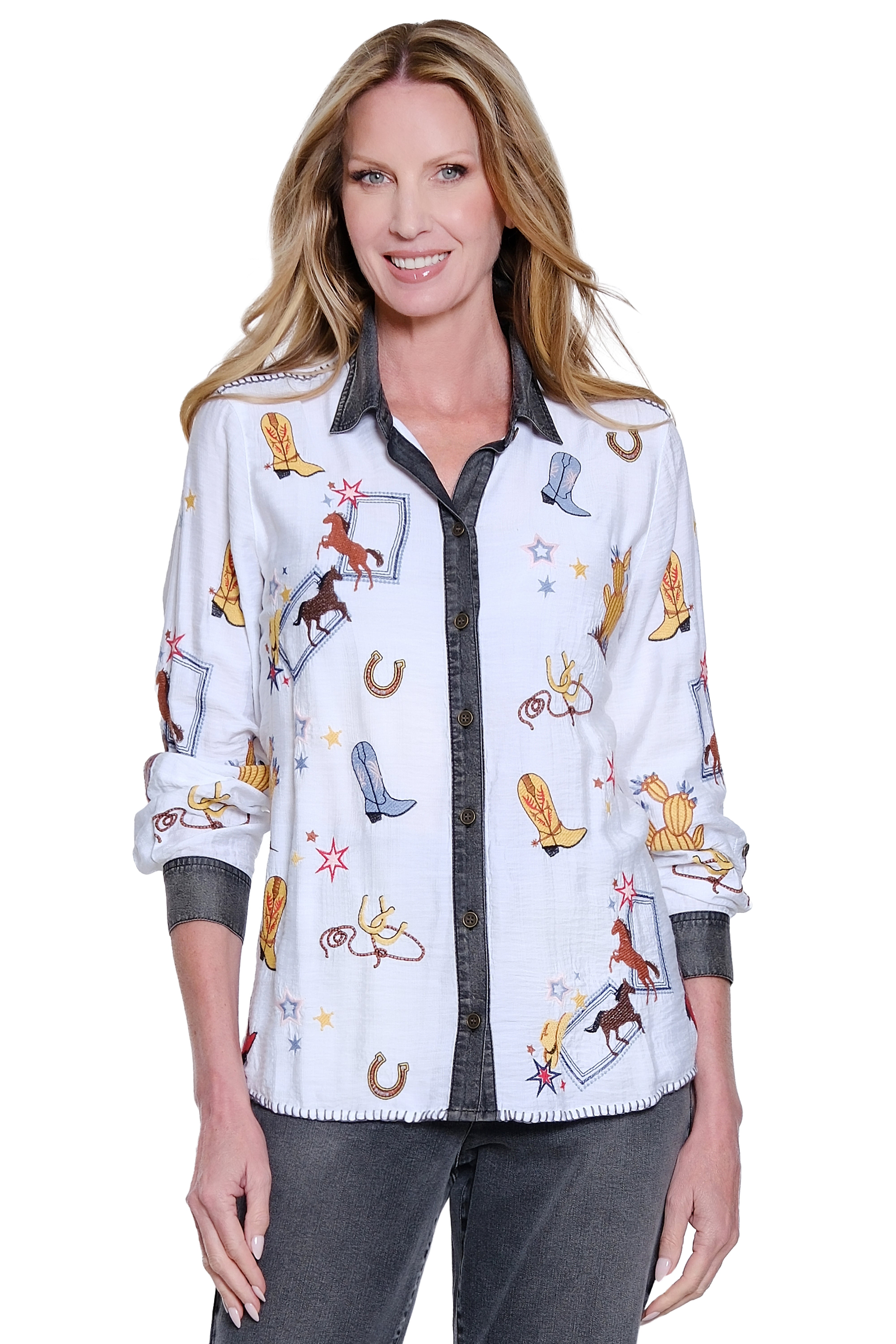 Embroidered Long Sleeve Snap Button Front Blouse - Cream