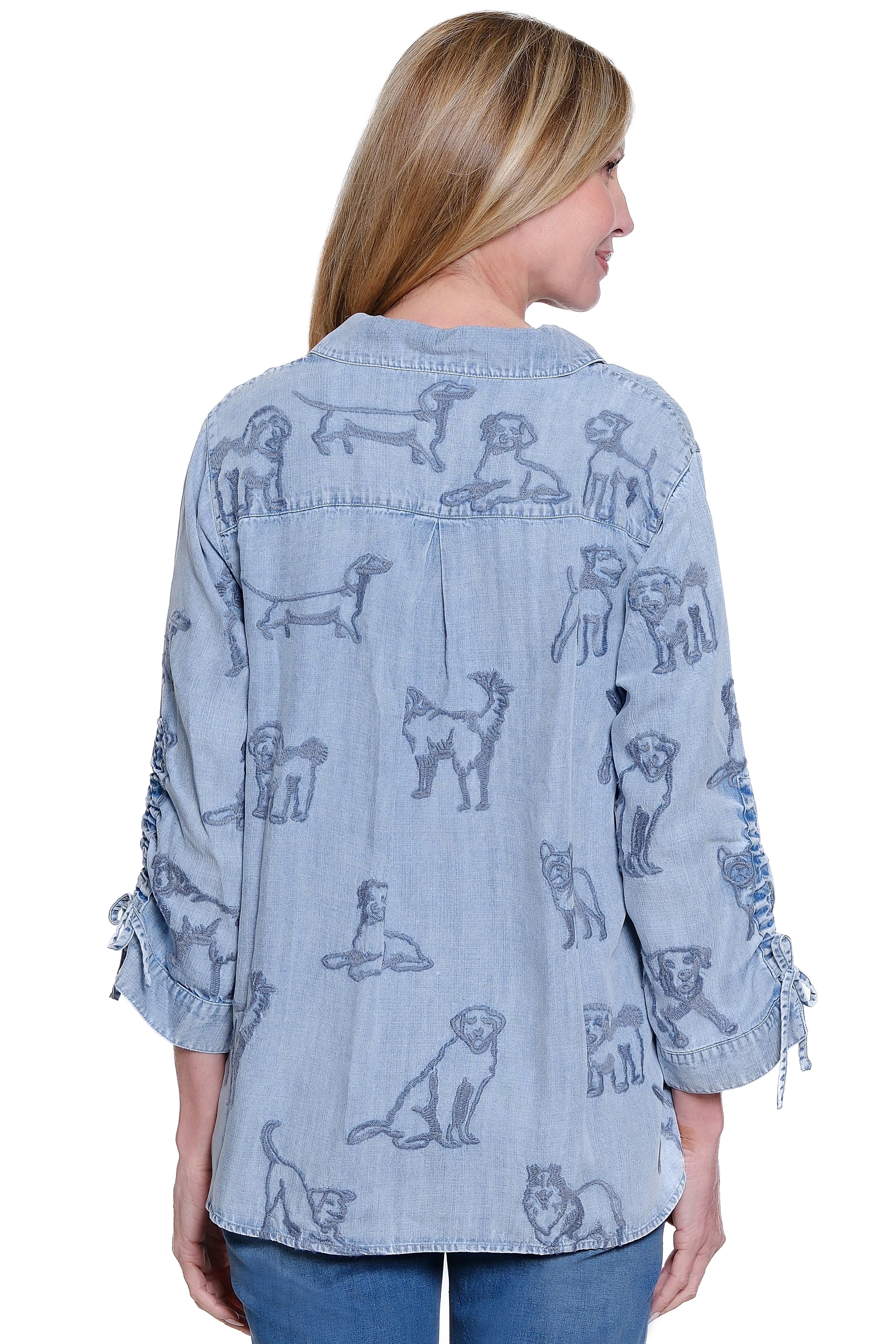 Embroidered Dog 3/4 Cinch Sleeve Tunic - Plus - Denim - view 2