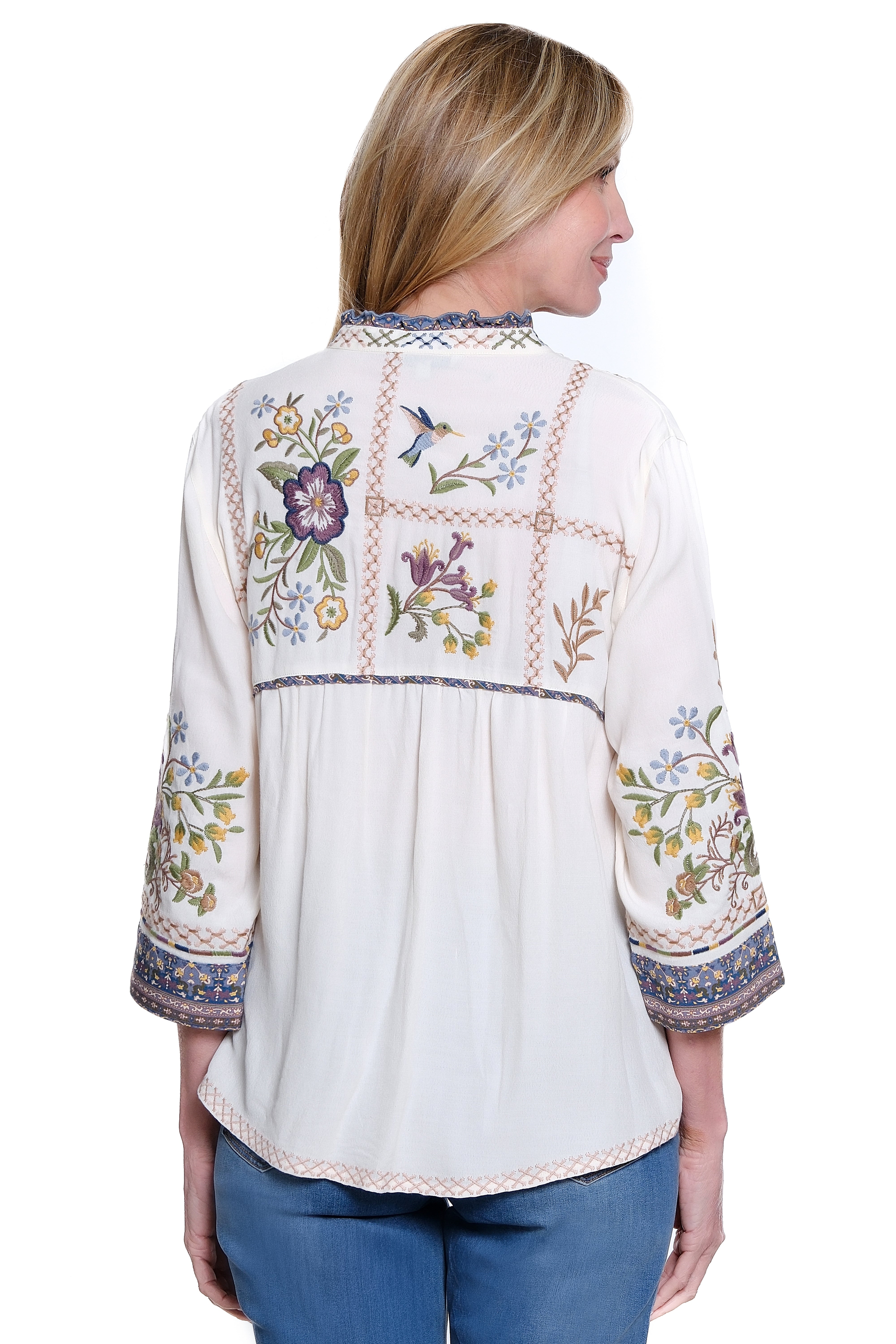 Embroidered 3/4 Sleeve Button Down Blouse with Ruffle Neck - Petite - White Blue - view 2