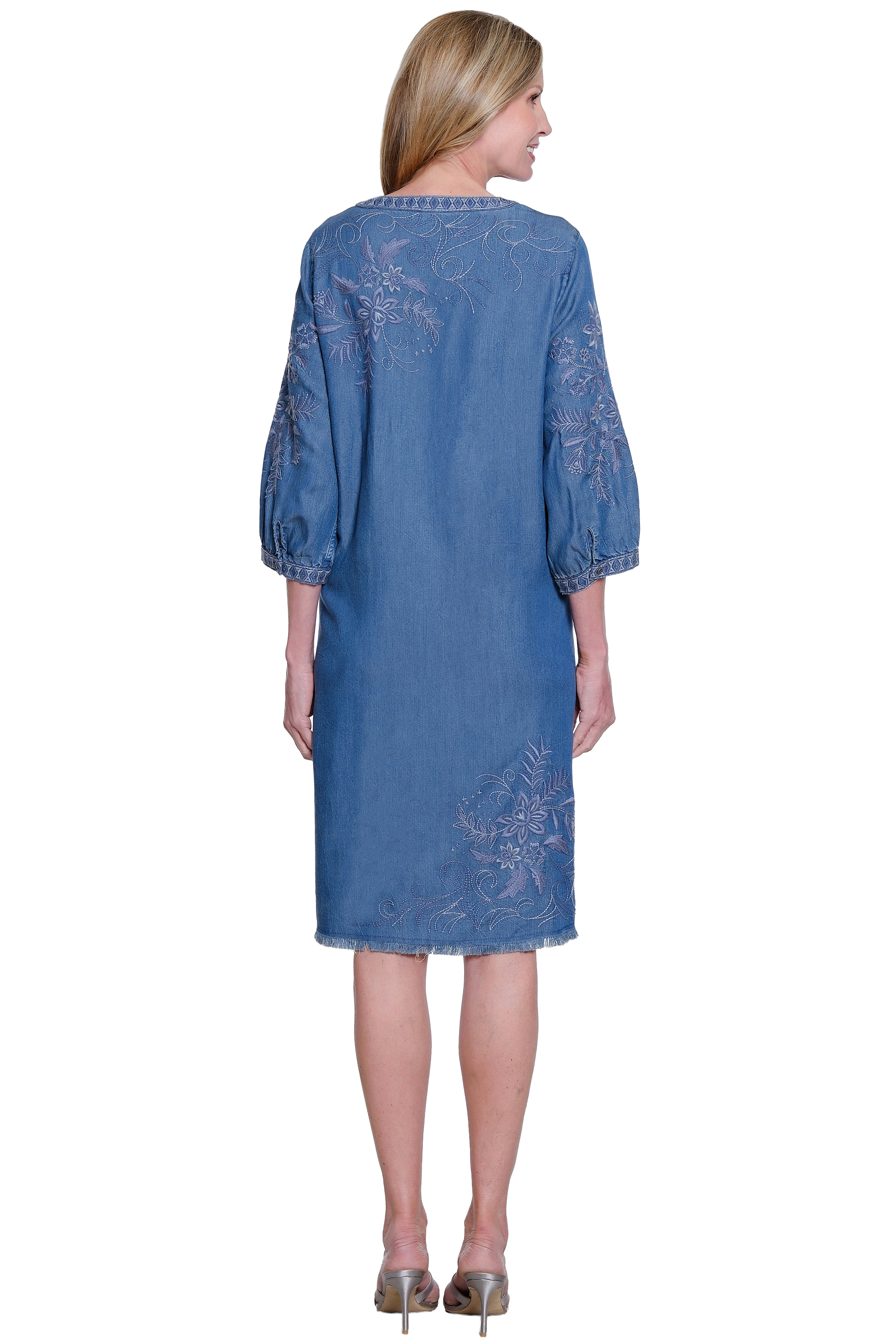 Embroidered 3/4 Sleeve Dress with Frayed Hem and Split Neck - Petite - Dark Denim - view 2