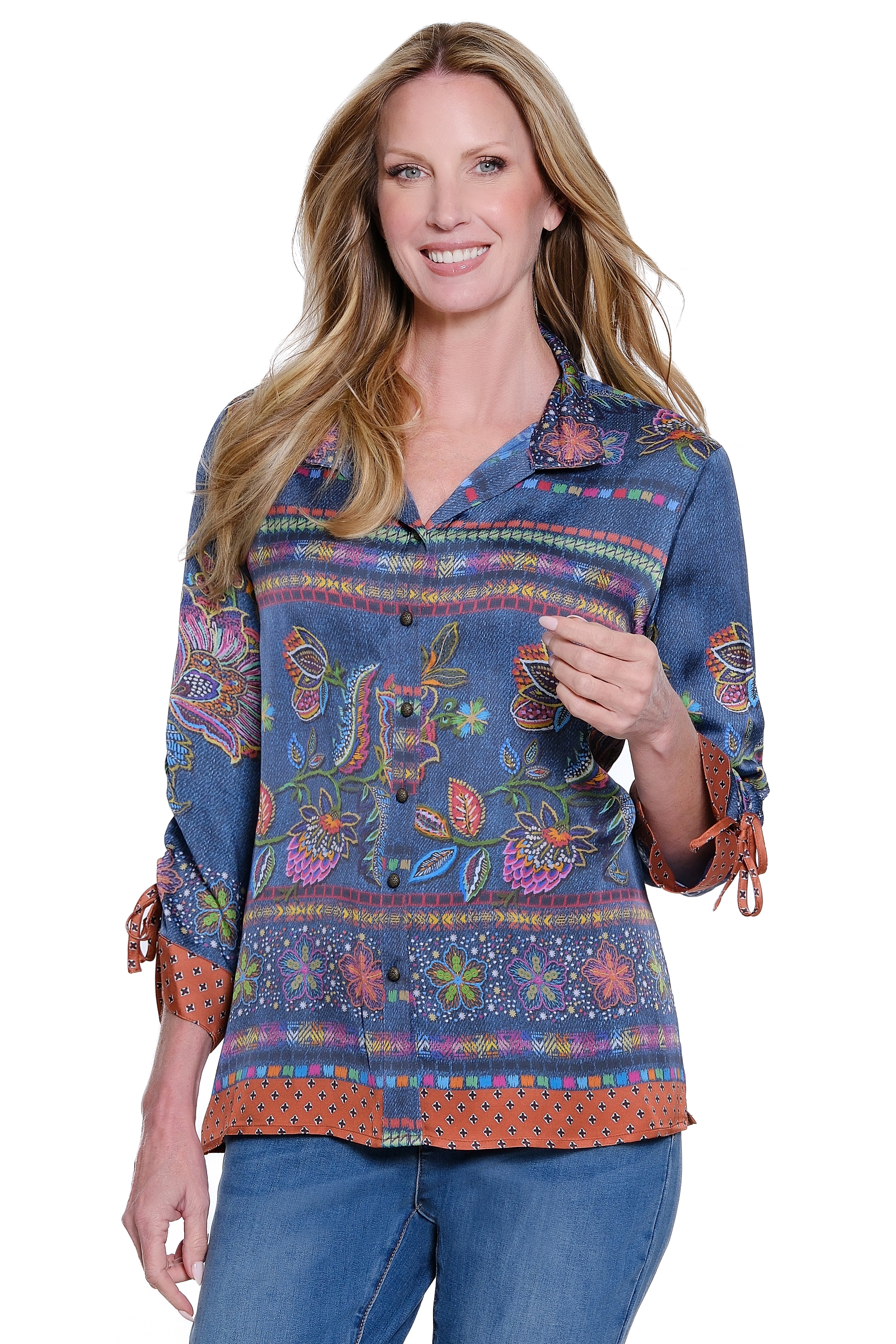 Printed Button Front Blouse with Wire Collar - Multi