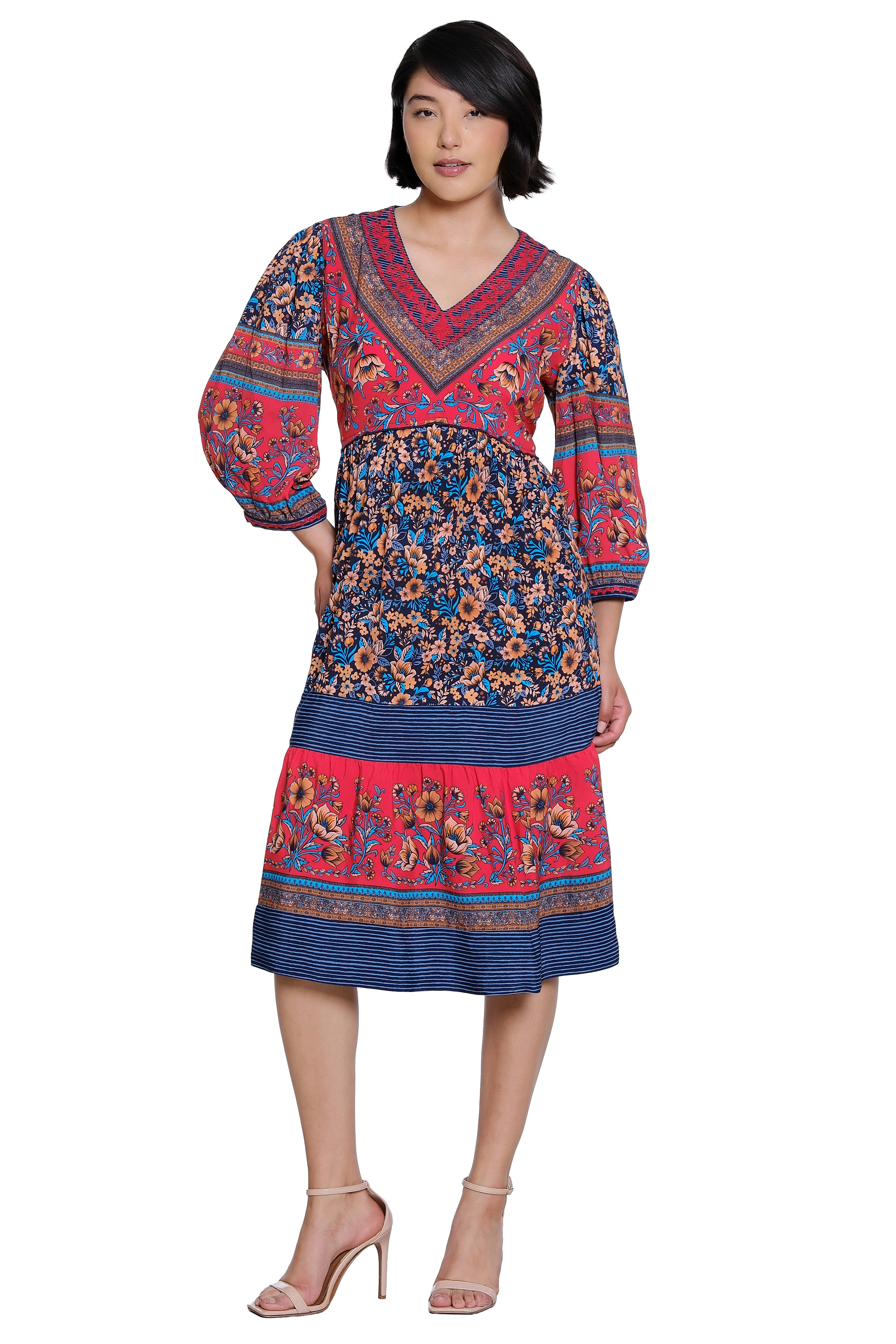Mix Print 3/4 Sleeve Dress with Embroidery and V-Neck - Plus - Floral Multi