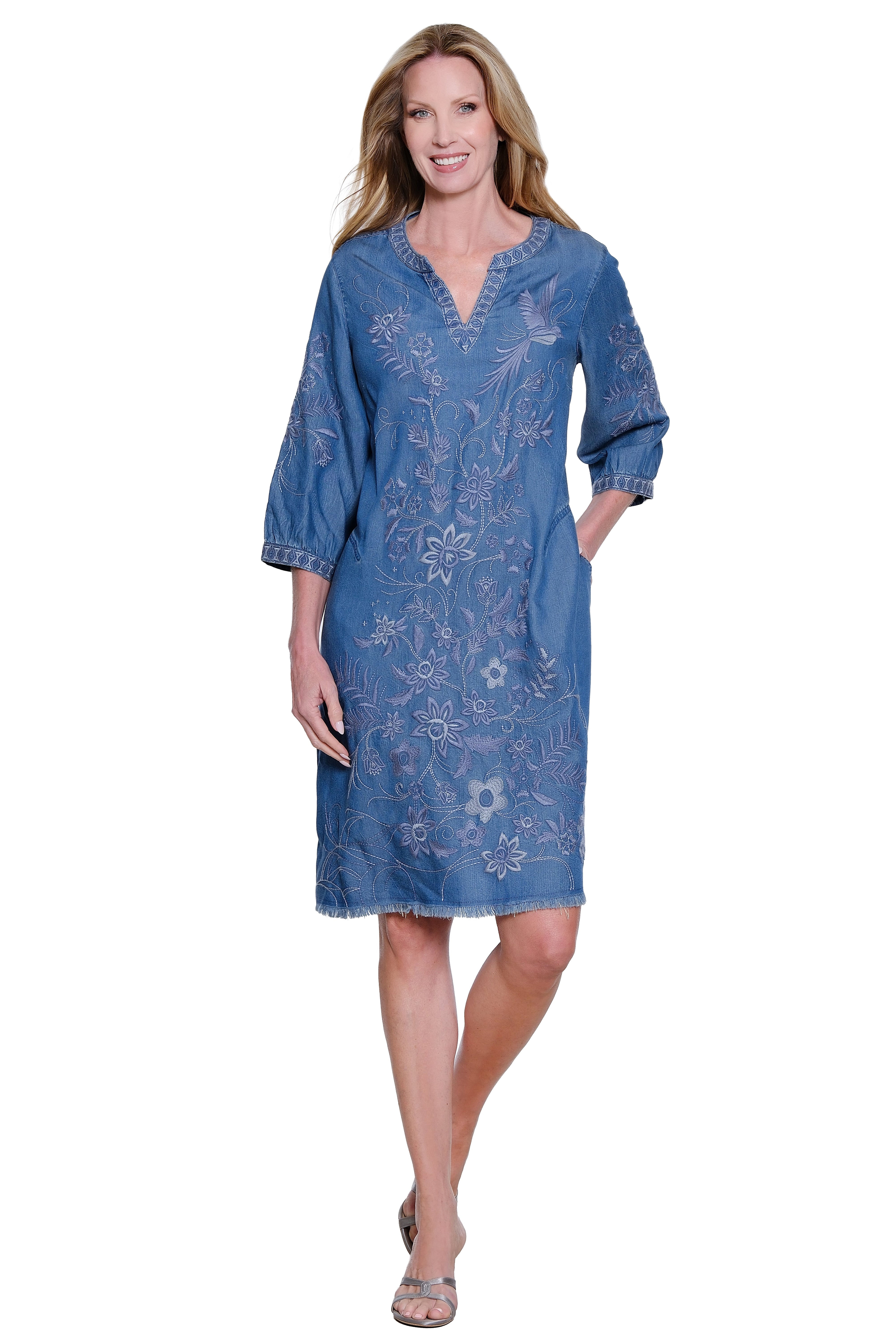 Embroidered 3/4 Sleeve Dress with Frayed Hem and Split Neck - Dark Denim