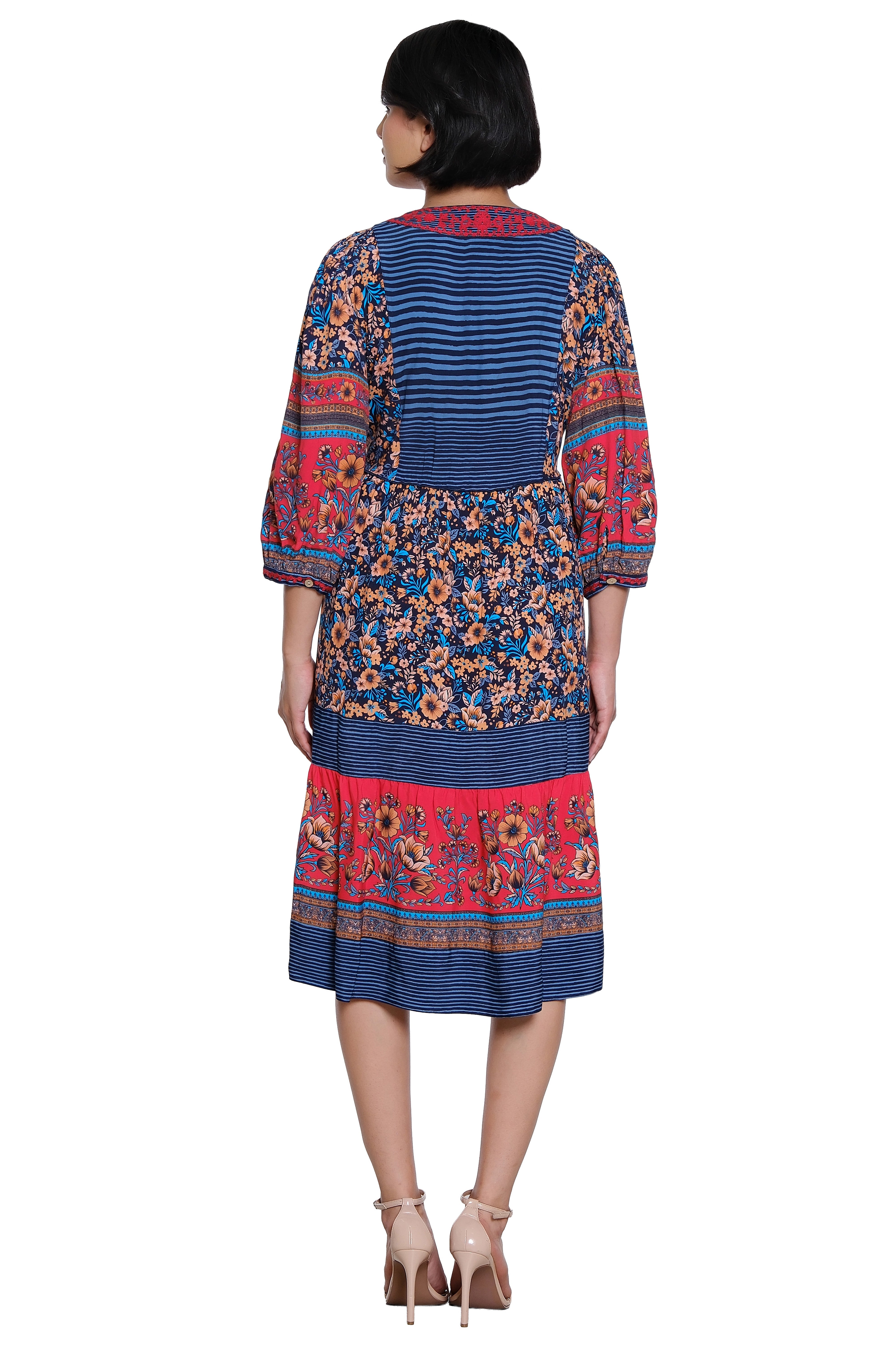 Mix Print 3/4 Sleeve Dress with Embroidery and V-Neck - Floral Multi - view 2