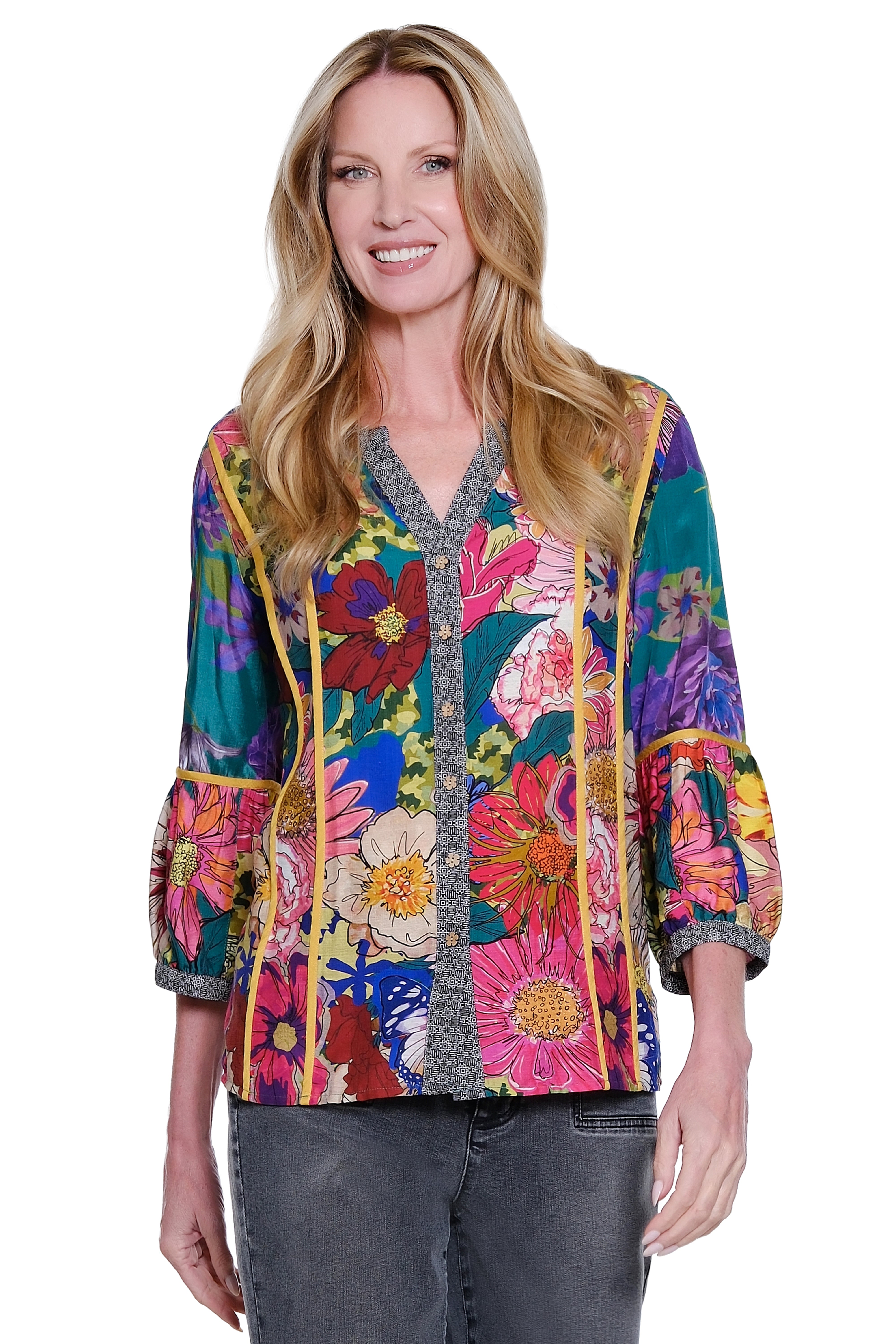 Mix Print 3/4 Sleeve Button Down Blouse - Plus - Floral Multi
