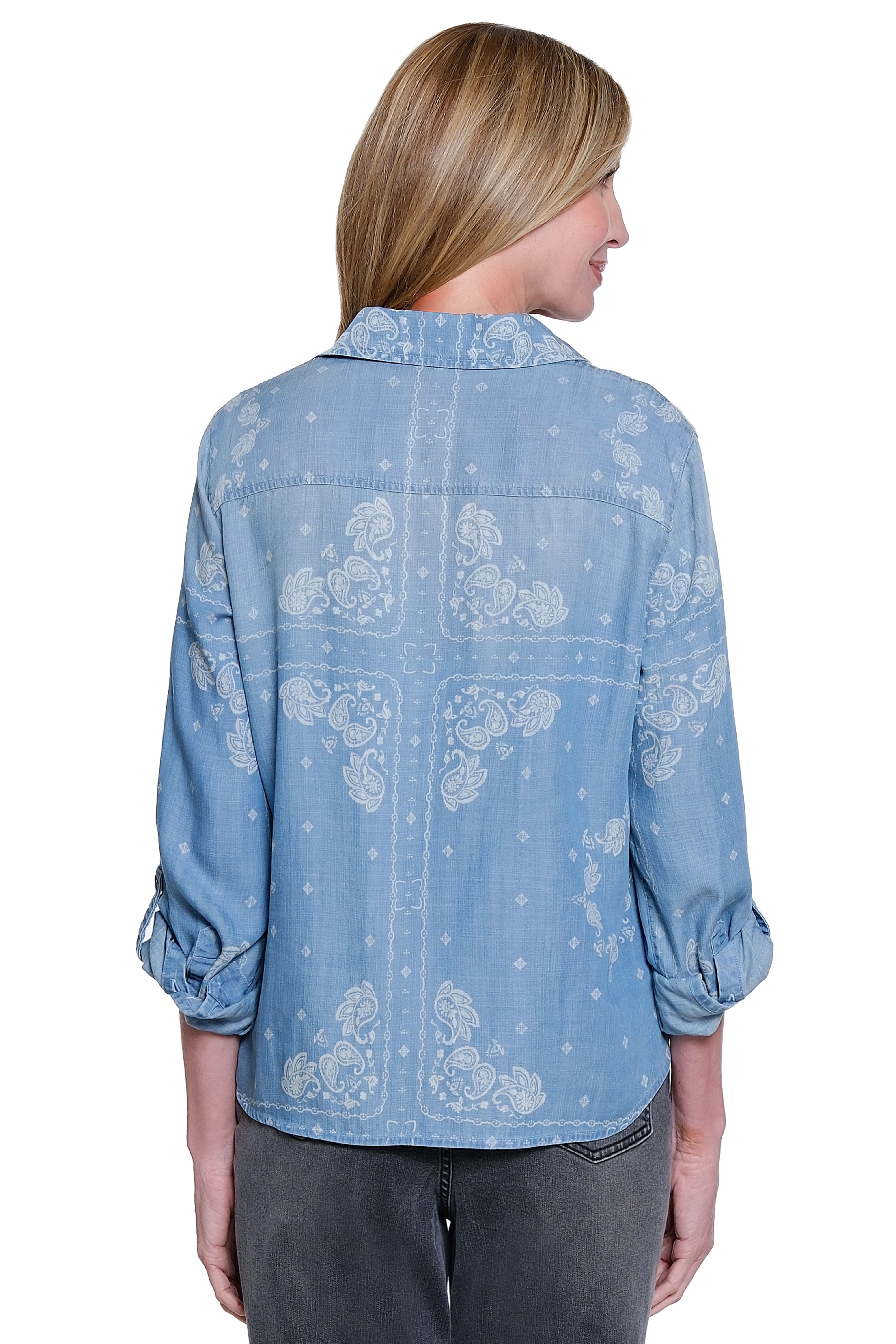 Embroidered Paisley Print Long Sleeve Roll Tab Button Down Tie Front Blouse - Petite - Paisley Multi - view 2