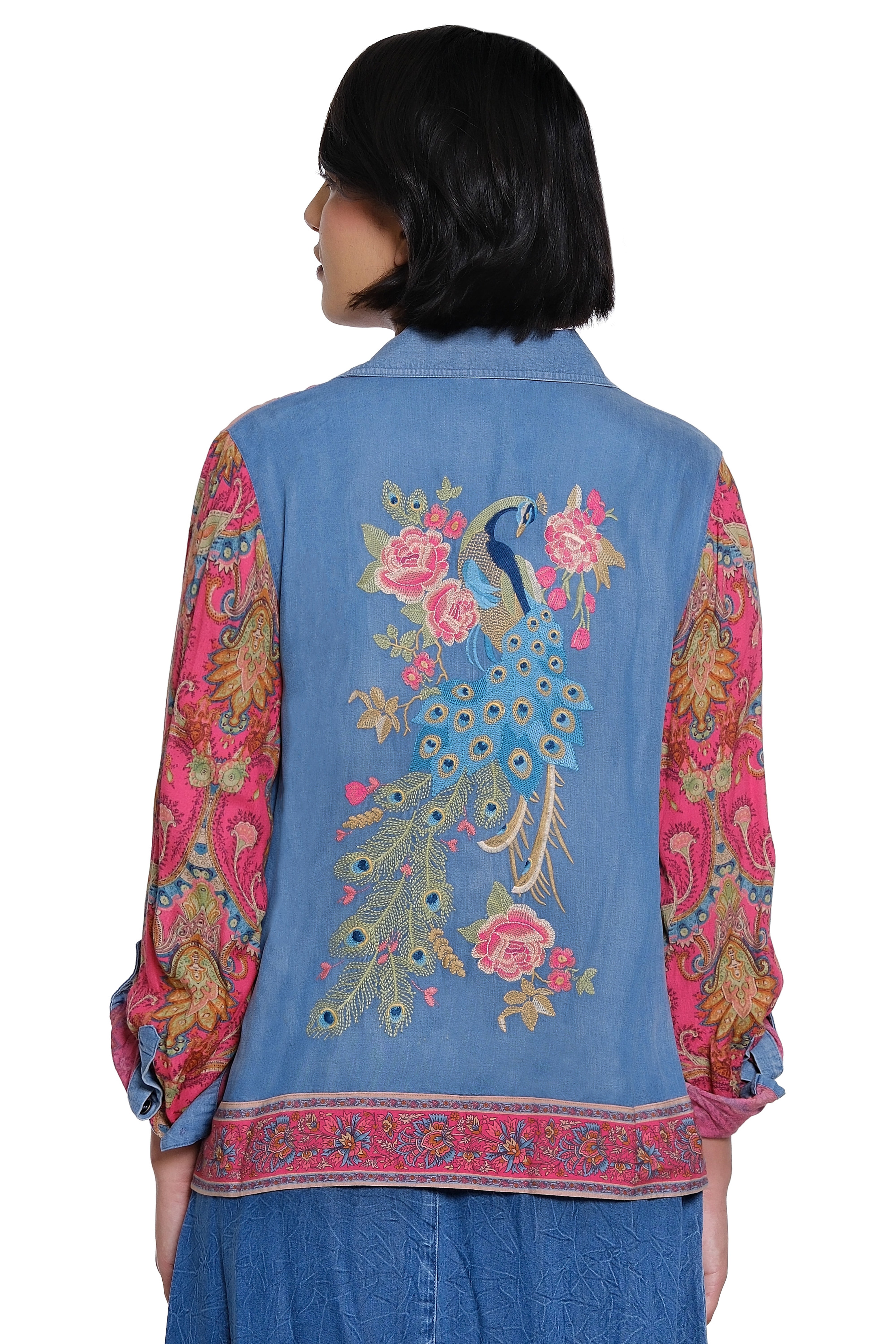 Mix Print Long Sleeve Cinch Sleeve Tie Front Blouse with Back Embroidery - Plus - Multi - view 2