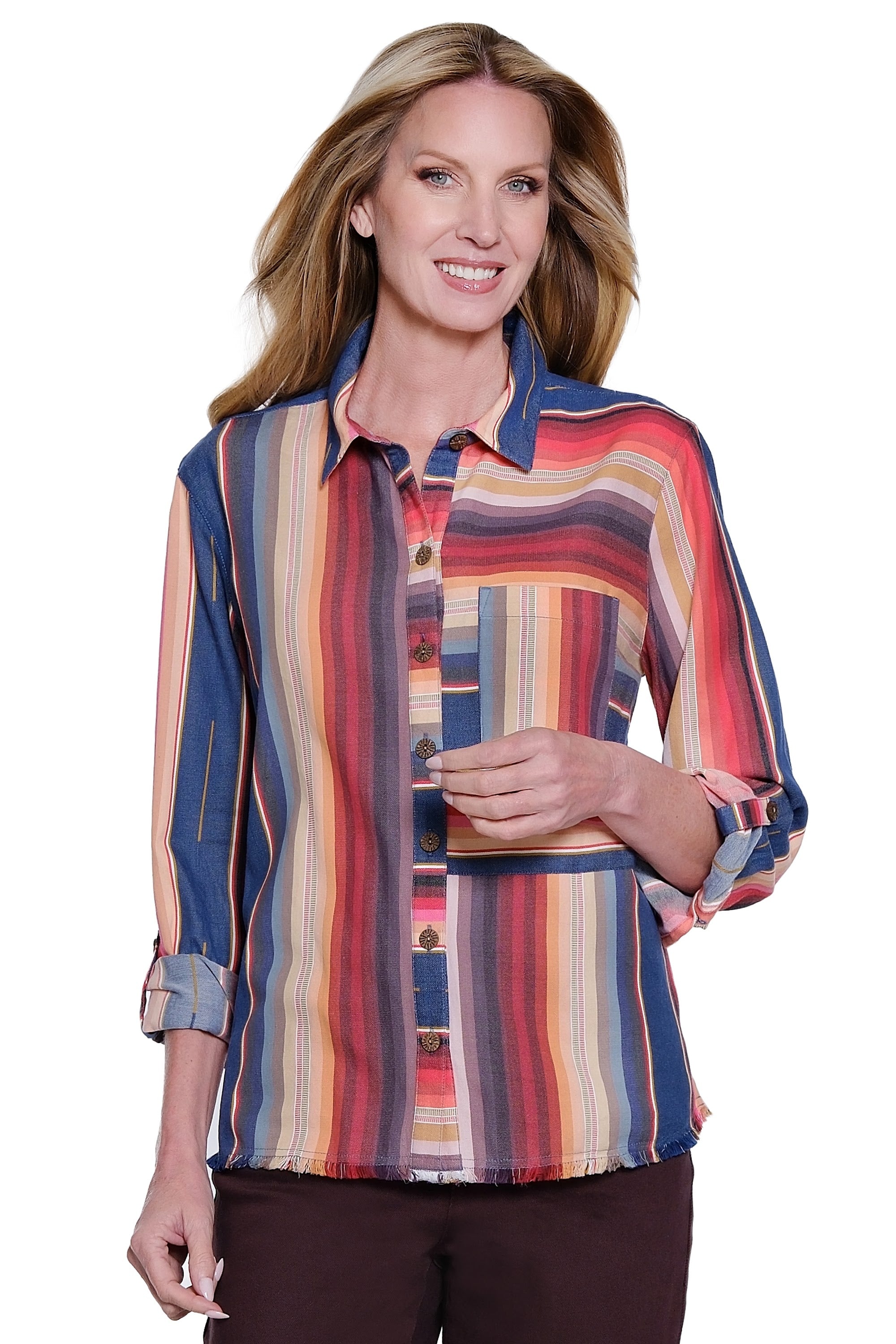 Y/D Stripe Roll Tab Long Sleeve Button Down Blouse with Patch Pocket - Petite - Stripe Multi