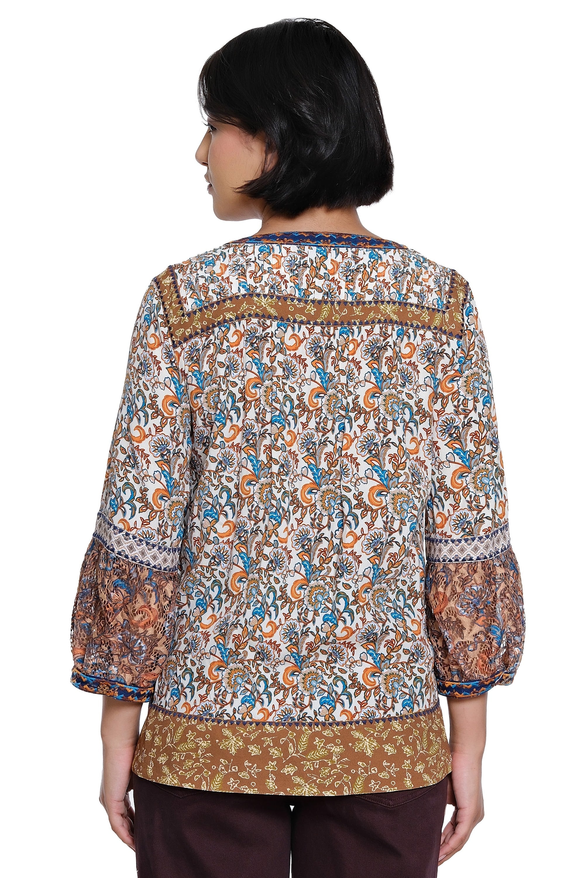 Mix Print 3/4 Sleeve Split Neck Tunic with Embroidery, Lace and Pintuck Detail - Multi - view 2