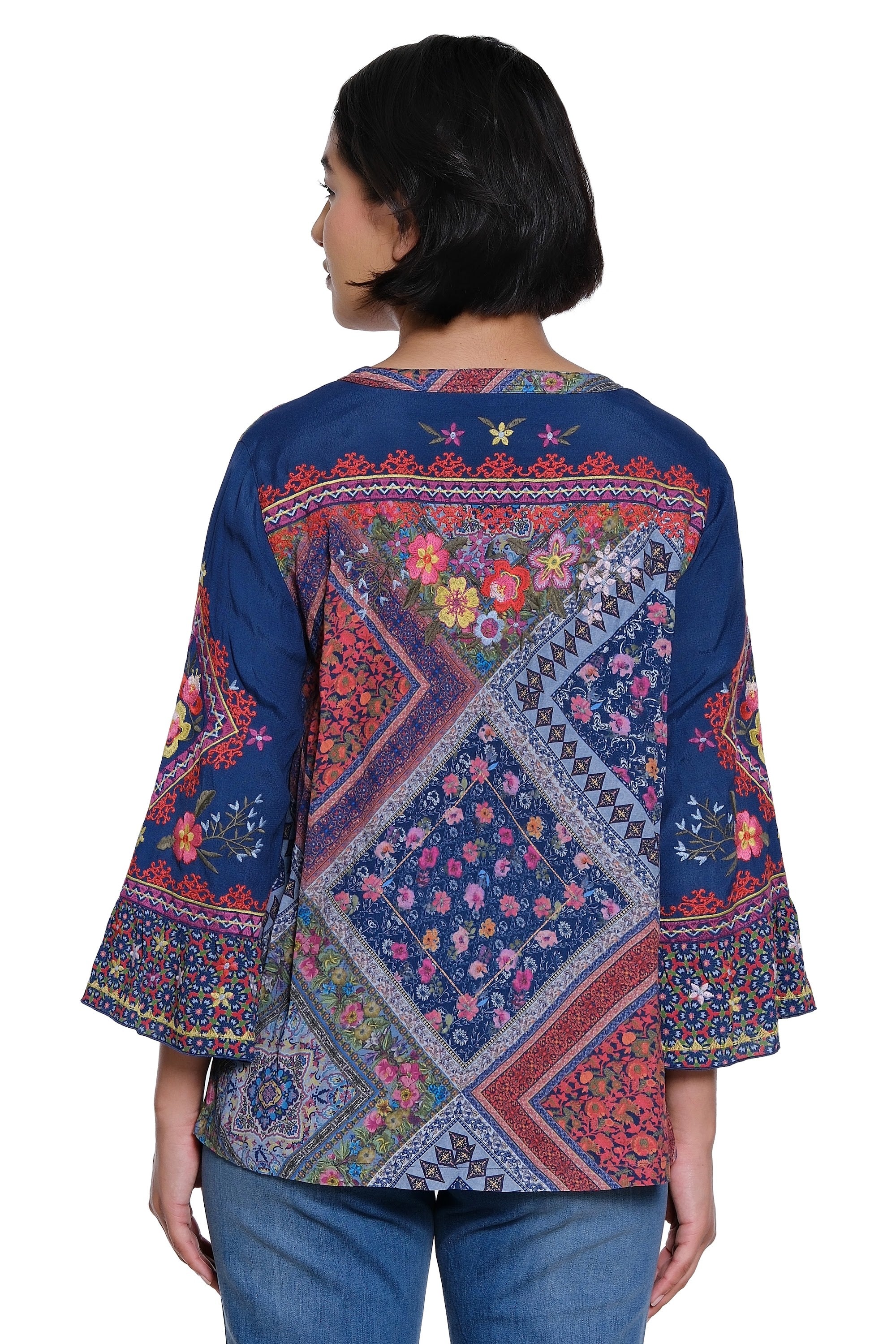 Multi Print Embroidered 3/4 Ruffle Sleeve Tunic - Multi - view 2