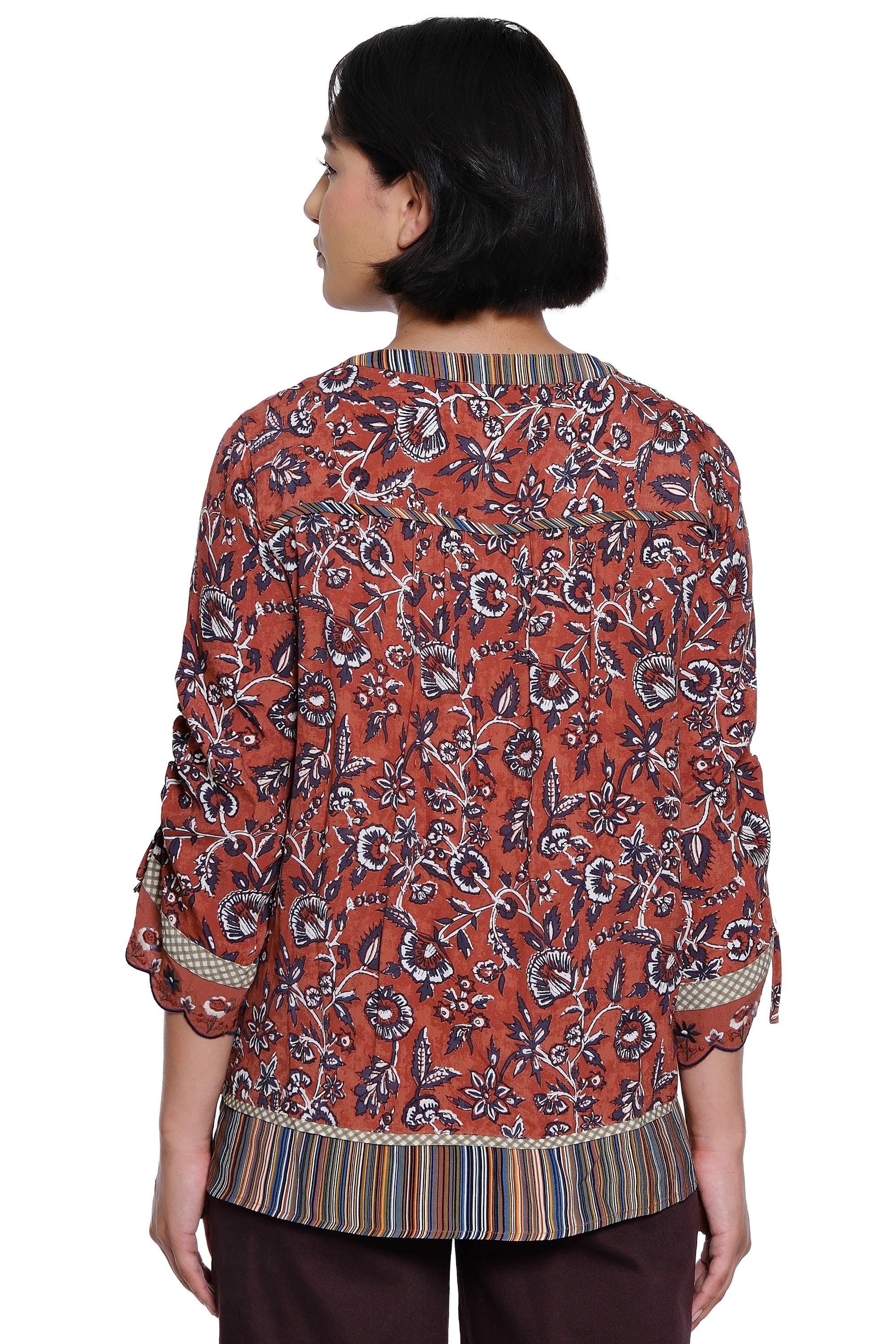 Mix Print 3/4 Cinch Sleeve Split Neck Tunic with Embroidery Details - Petite - Floral Multi - view 2