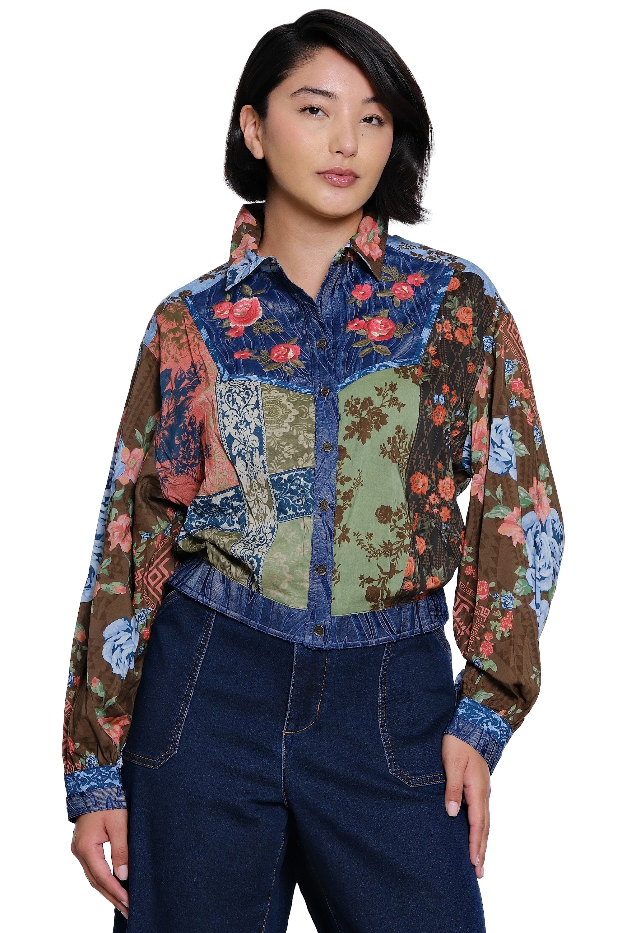 Multi Print Cuffed Long Sleeve Button Down Blouse with Embroidery - Petite - Multi