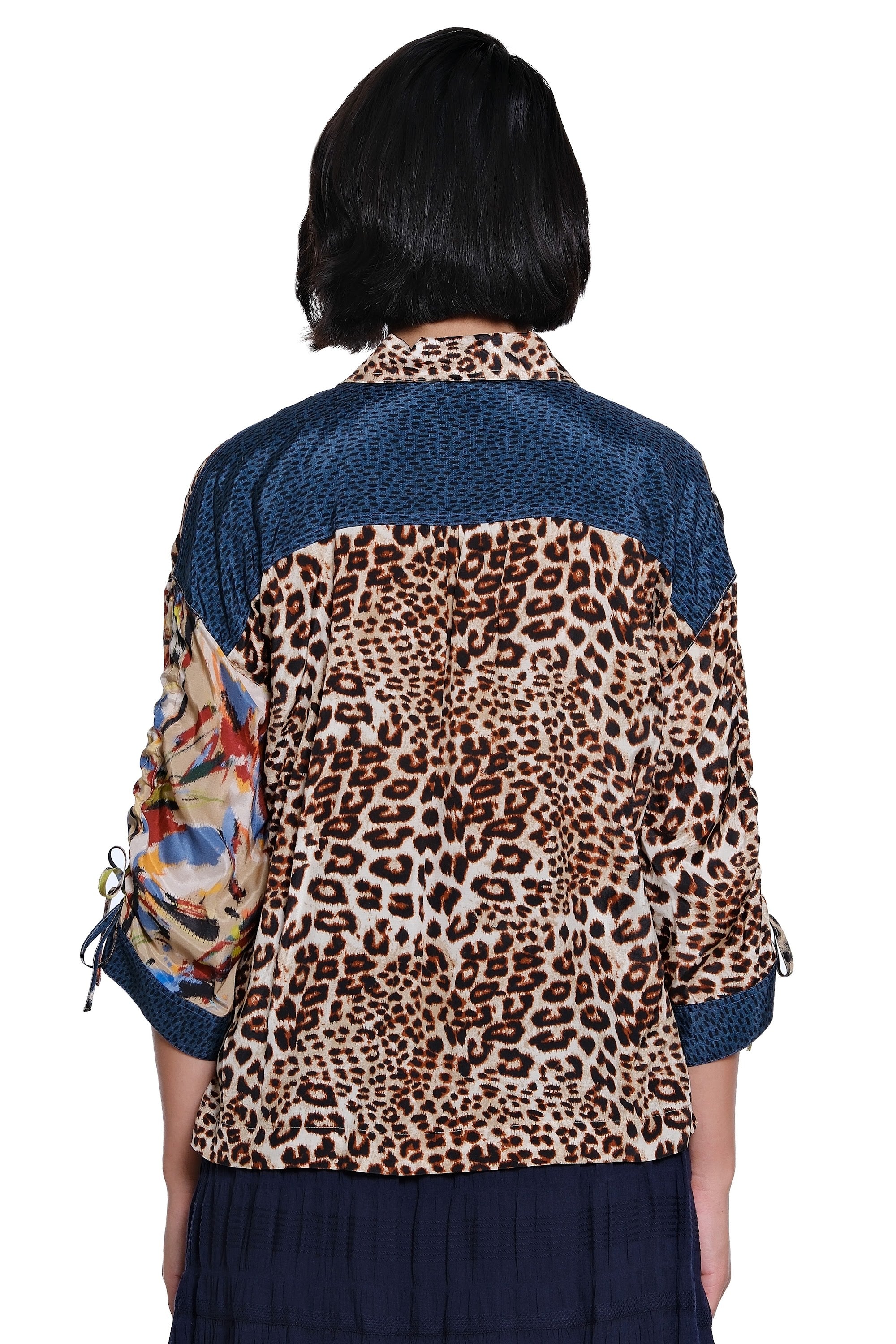 Mix Print Button Down Tie Front Blouse with 3/4 Cinch Tie Sleeves - Petite - Multi - view 2