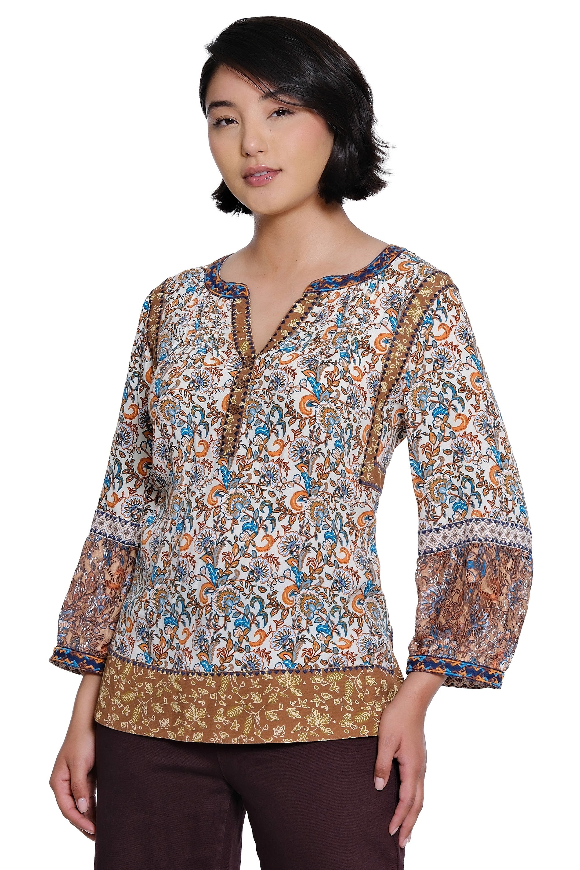 Mix Print 3/4 Sleeve Split Neck Tunic with Embroidery, Lace and Pintuck Detail - Multi