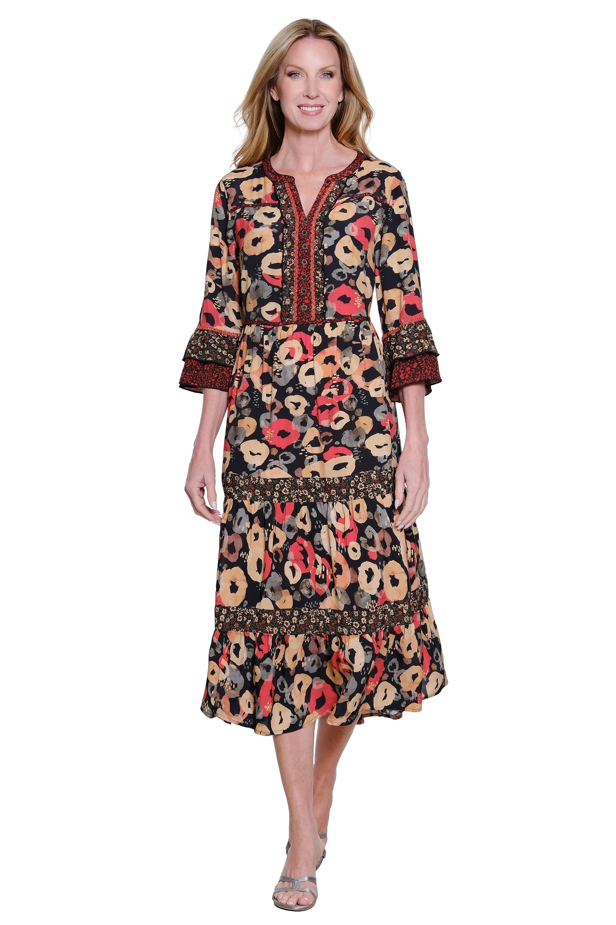 Printed 3/4 Sleeve Popover Tiered Dress with Flounce Sleeves - Plus - Floral Multi