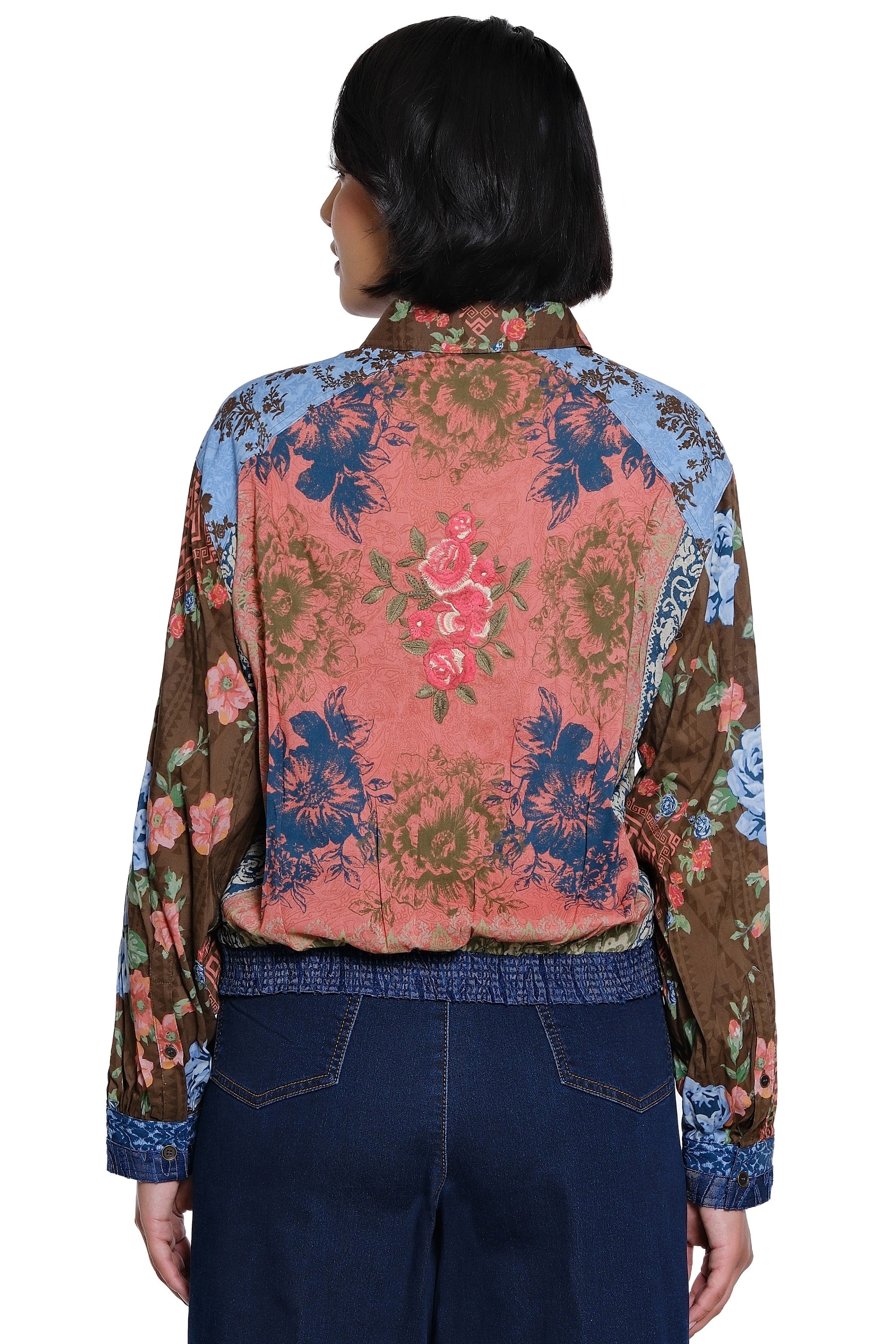 Multi Print Cuffed Long Sleeve Button Down Blouse with Embroidery - Petite - Multi - view 2