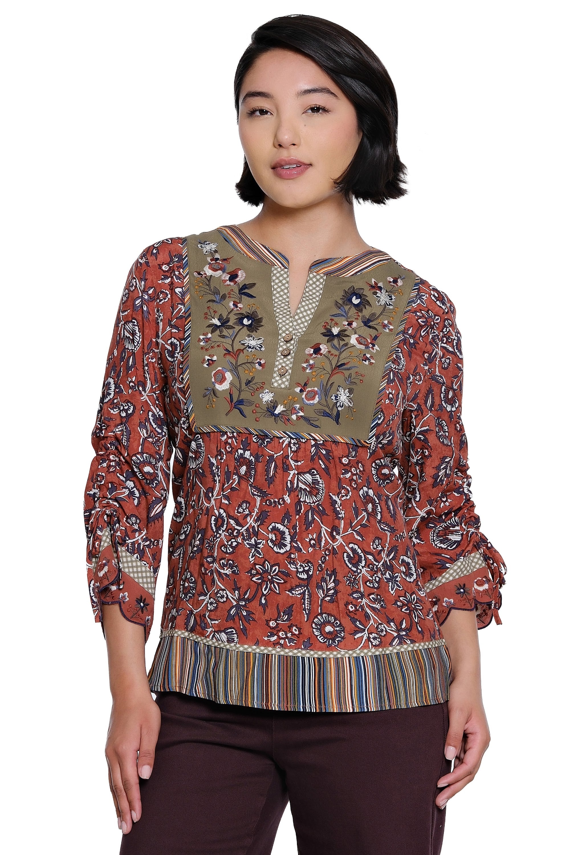 Mix Print 3/4 Cinch Sleeve Split Neck Tunic with Embroidery Details - Petite - Floral Multi