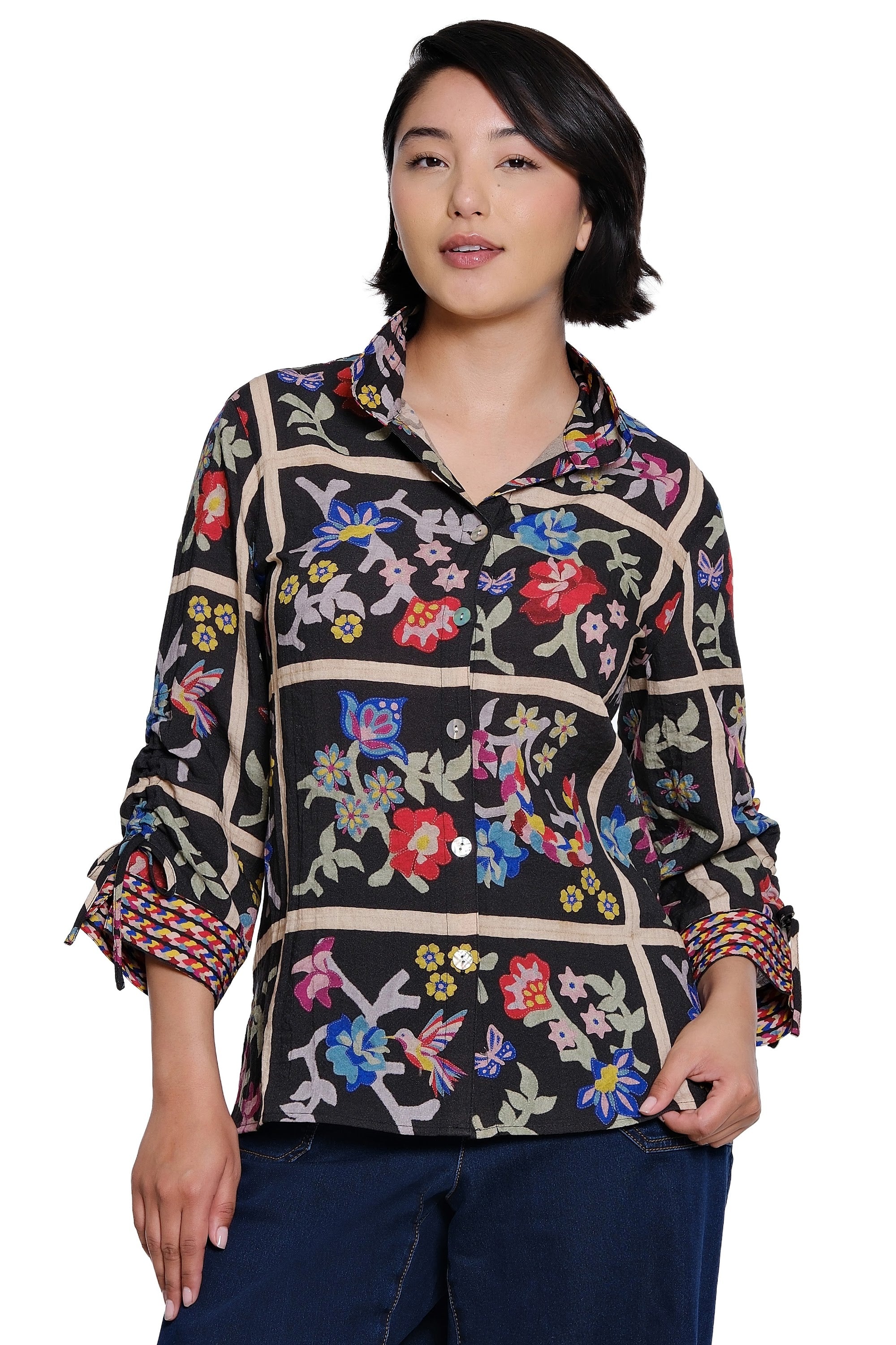 Floral Print 3/4 Cinch Sleeve Button Down Blouse with Wire Collar - Plus - Black Print