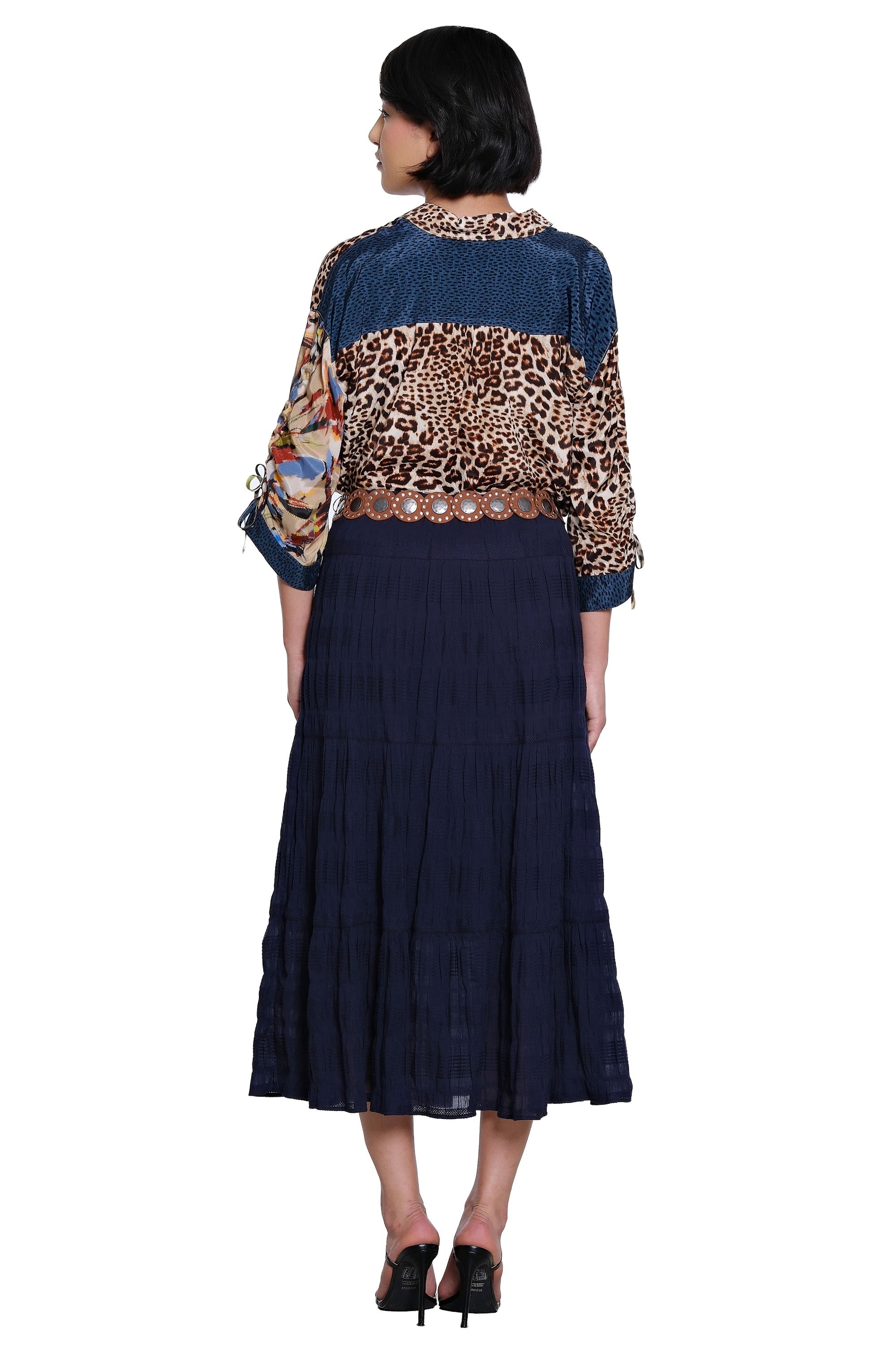 Textured Tiered Pull On Skirt with Belt - Navy - view 2